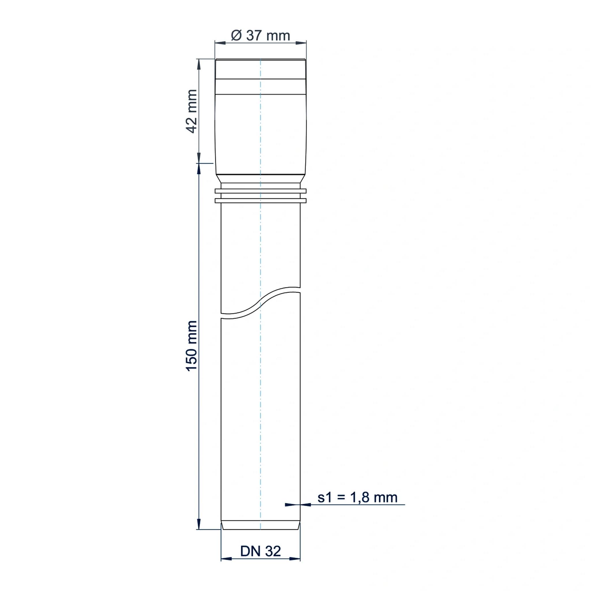 Technische Strichzeichnung einer zylindrischen Rohrverschraubung, gekennzeichnet mit DN 32, mit den Abmessungen Ø37 mm, 42 mm, 150 mm und Wandstärke s1 = 1,8 mm.