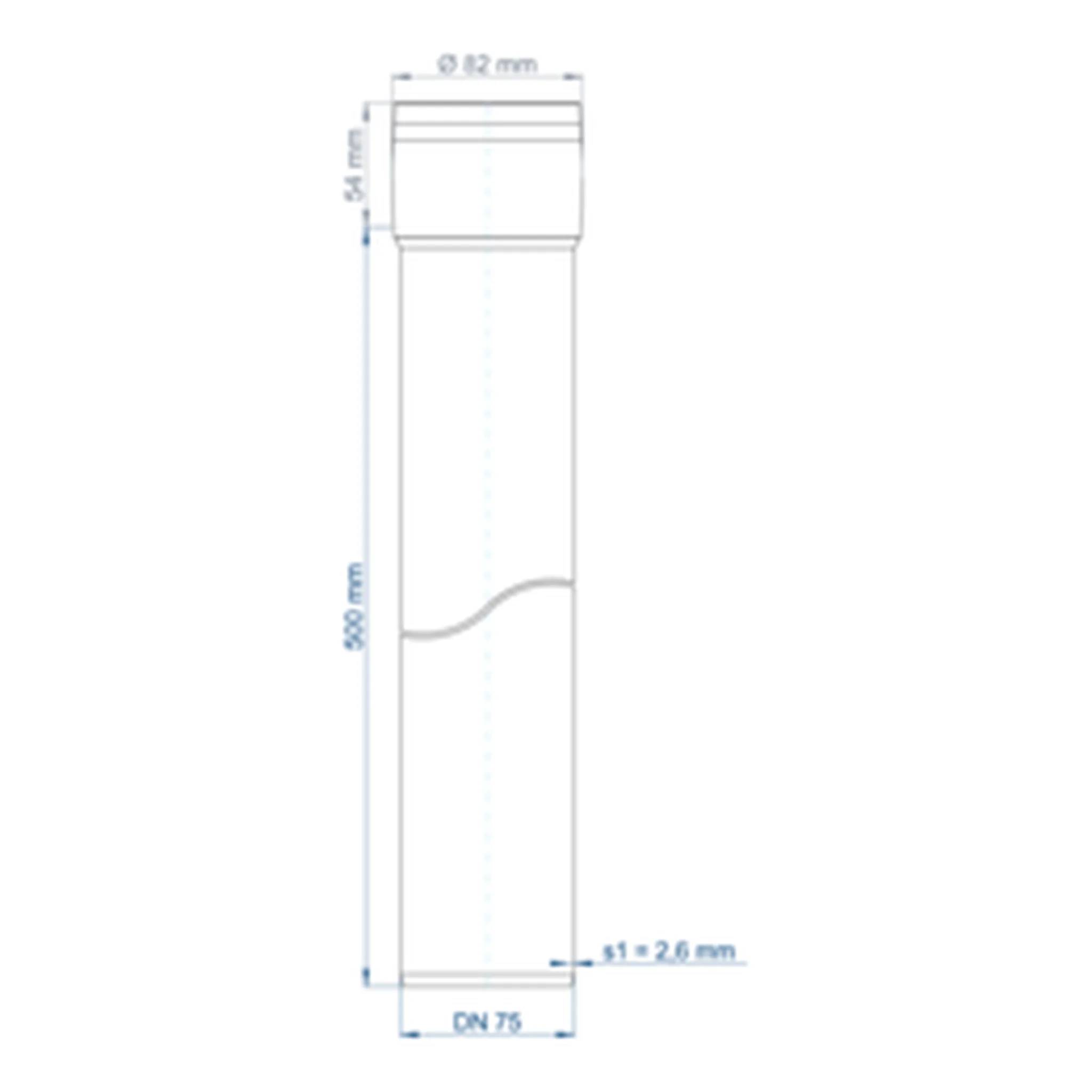 Technische Zeichnung eines zylindrischen Rohrs oder einer Flasche mit den folgenden Abmessungen: etwa 82 mm breit, 900 mm hoch, 54 mm Hals und DN 75 Basis, mit einem gekrümmten Detailschnitt in der Mittelsection.