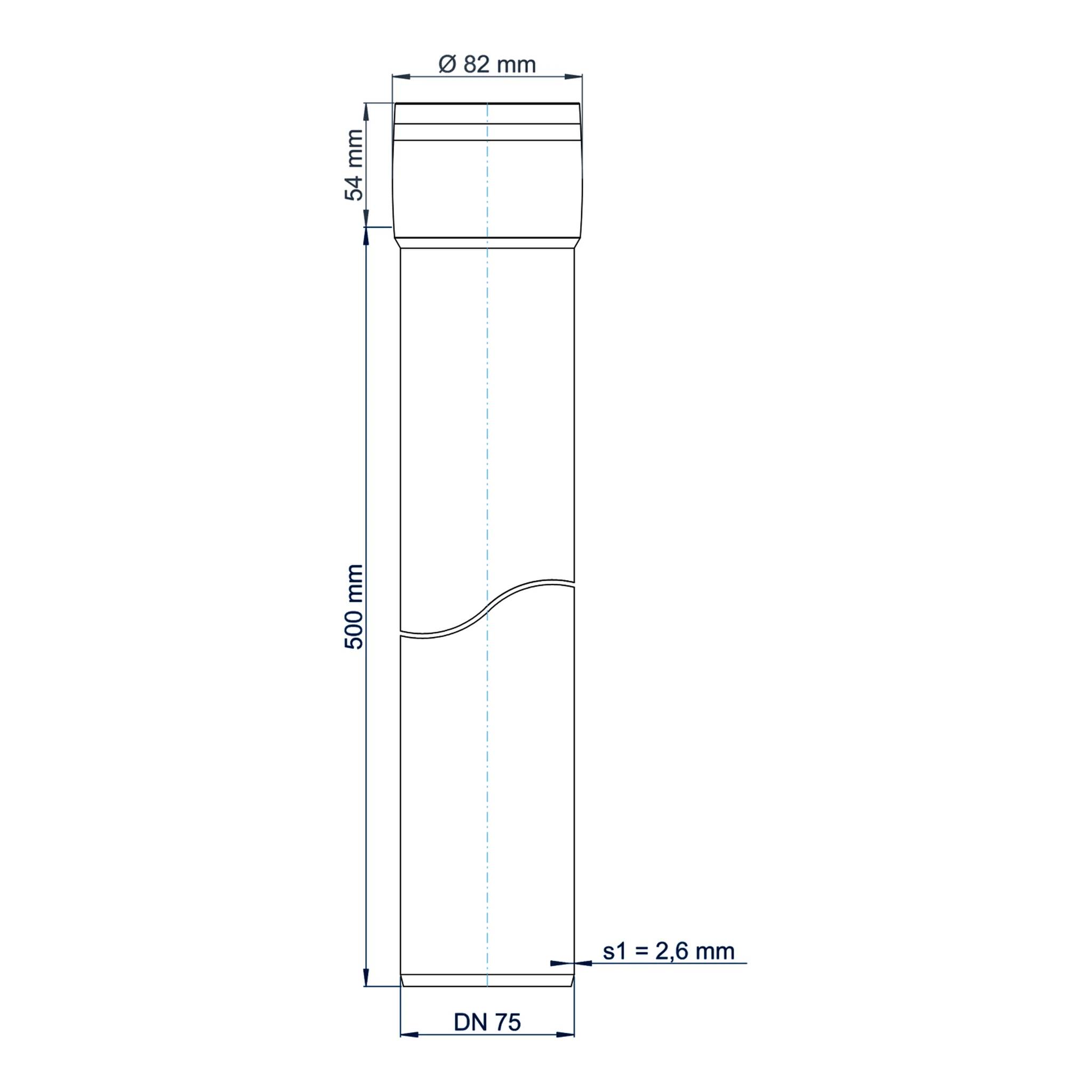 Technische Zeichnung eines zylindrischen Rohrabschnitts mit Bezeichnung DN 75, 500 mm Länge und 82 mm Durchmesser, mit 54 mm oberem Flansch und 2,6 mm Wanddicke.