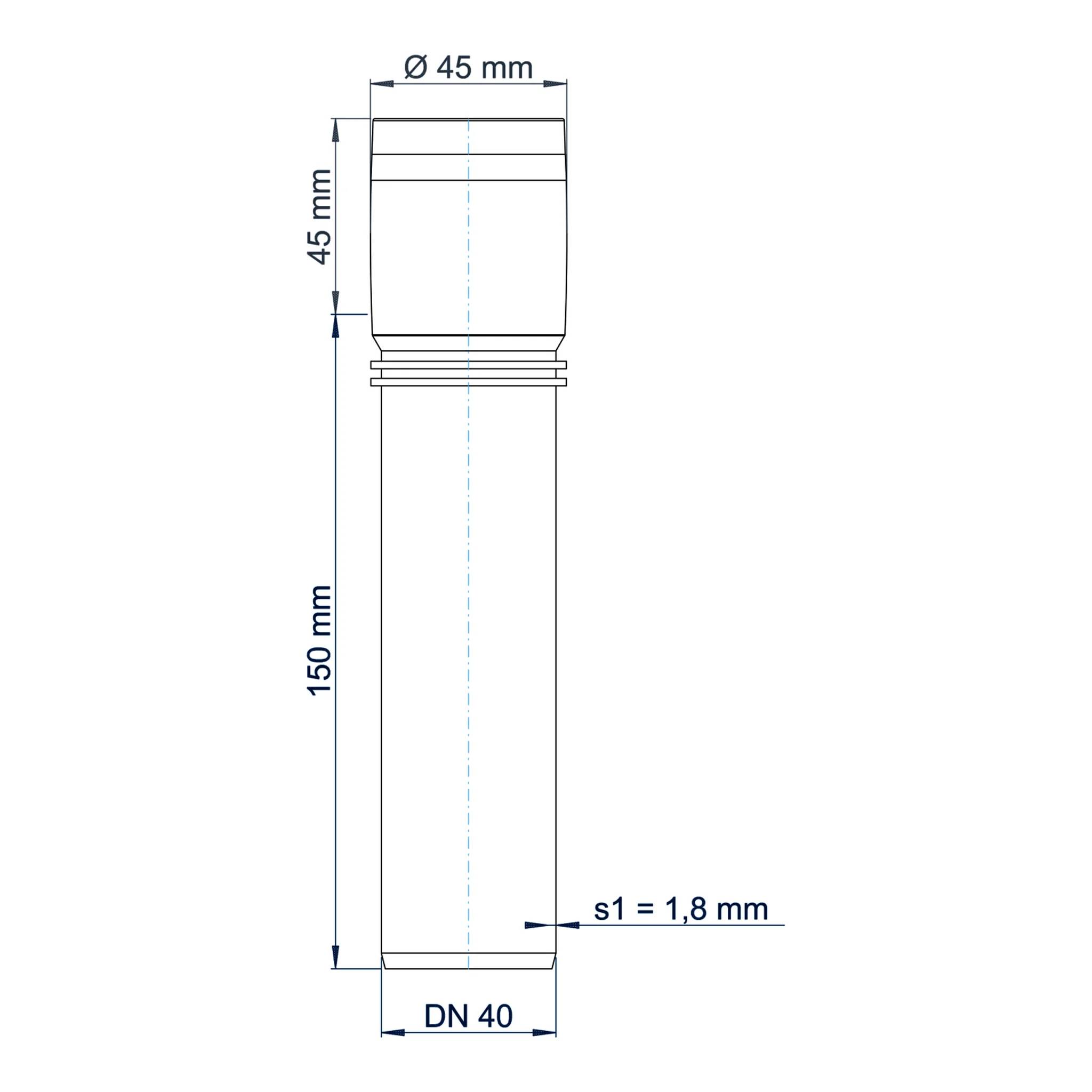 Technische Zeichnung eines zylindrischen Rohrkonnektors, beschriftet Ø45 mm, 45 mm oberer Bereich, 150 mm Länge, DN 40, und Wanddicke s1 = 1,8 mm.