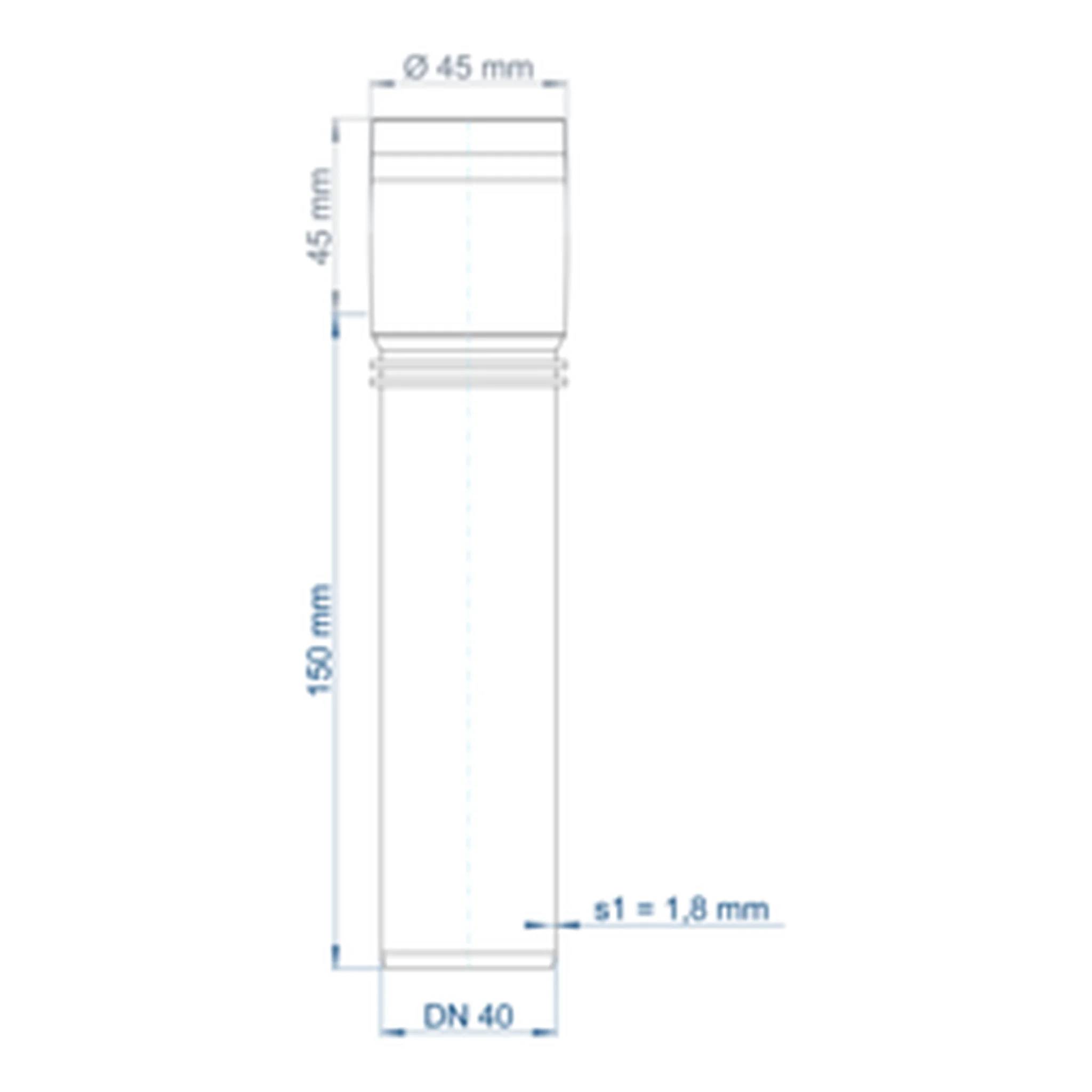 Technische Zeichnung eines zylindrischen Rohrs oder einer Rohrverbindung, gekennzeichnet mit den Abmessungen Ø45 mm, 45 mm, 150 mm, s1 = 1,8 mm und DN 40.