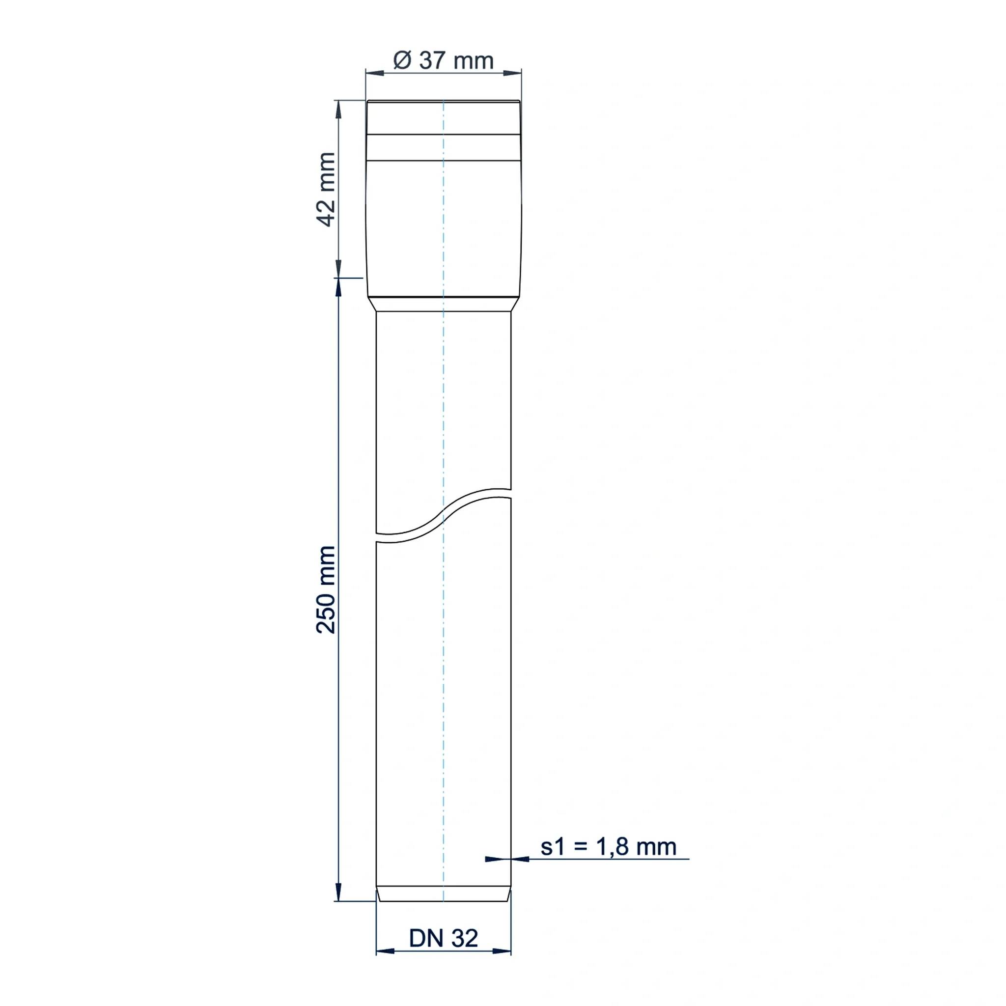 Technische Zeichnung eines Rohrsegments mit Abmessungen: 37 mm oberer Durchmesser, 42 mm oberer Bereich, 250 mm Länge, 1,8 mm Wandstärke, DN 32 untere Breite.
