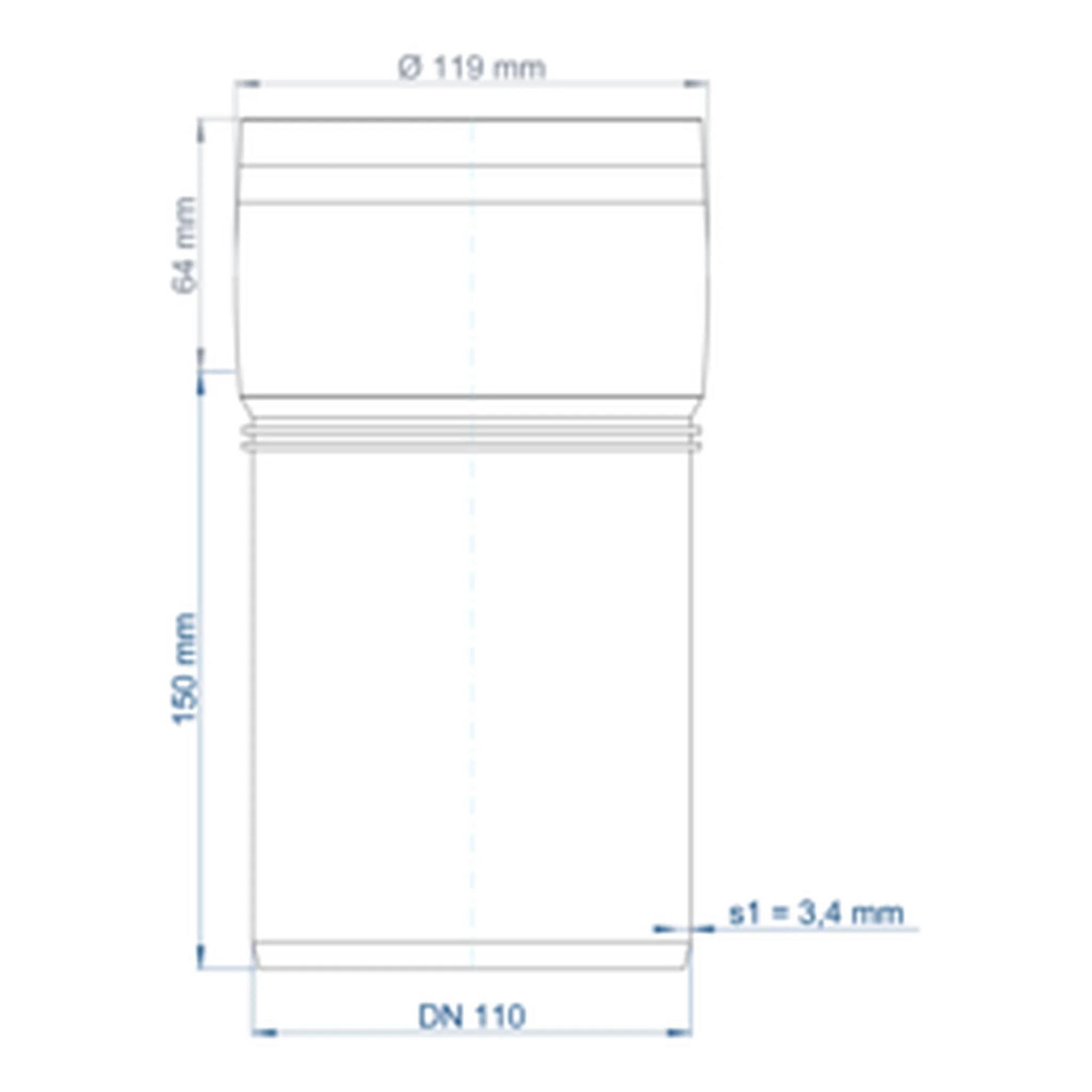 Technische Zeichnung einer zylindrischen Rohrverbindung mit den Abmessungen Ø119 mm, 64 mm, 150 mm, DN 110 und s1 = 3,4 mm.