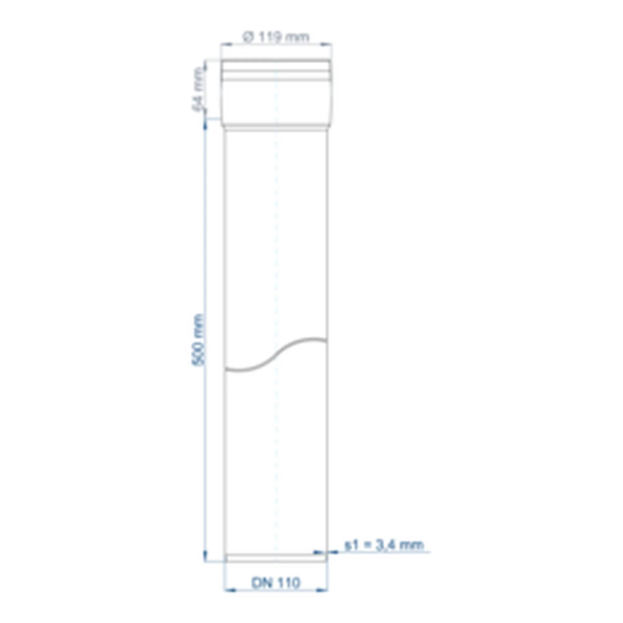 Technische Zeichnung eines langen zylindrischen Rohrs mit der Bezeichnung DN 110, wobei die Abmessungen 590 mm Höhe, 119 mm oberer Durchmesser, 3,4 mm Wandstärke und 57 mm oberer Abschnitt zeigen.