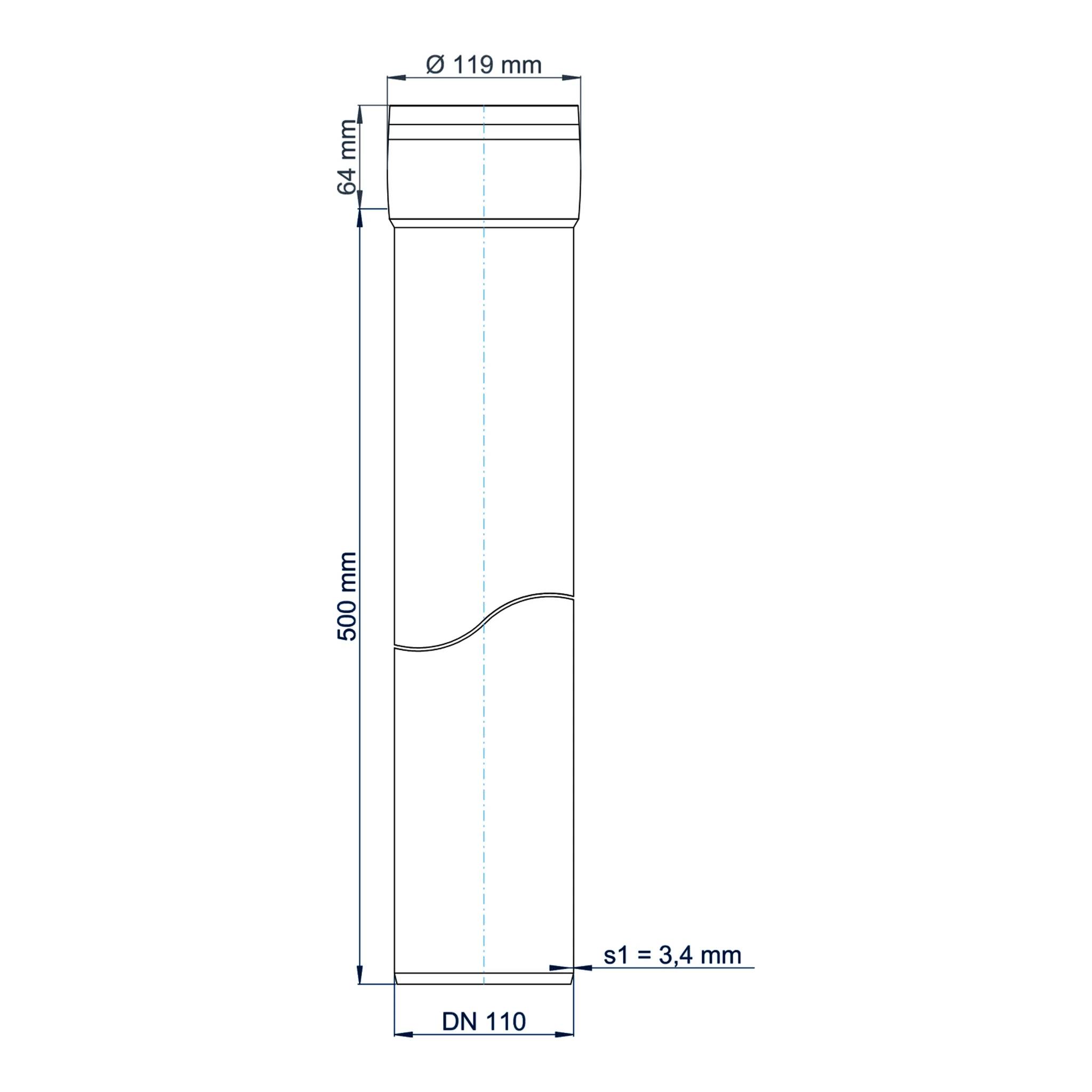 Technische Strichzeichnung einer vertikalen zylindrischen Rohrarmatur, gekennzeichnet mit DN 110, 500 mm Höhe, 119 mm oberer Durchmesser, 64 mm oberer Abschnitt und 3,4 mm Wandstärke.