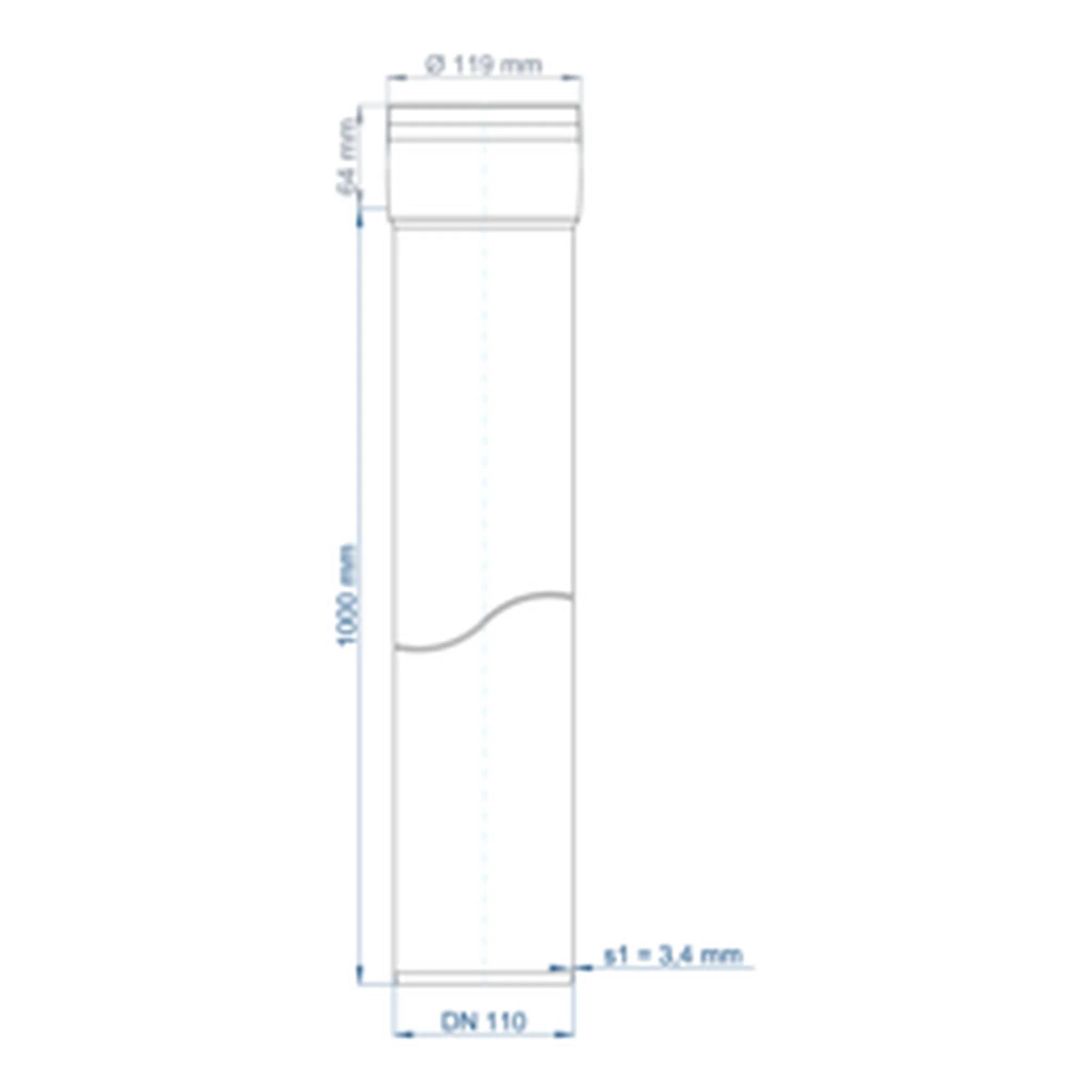 Technische Zeichnung eines zylindrischen Rohrschnitts mit der Bezeichnung DN 110, zeigt Abmessungen: 119 mm oberer Durchmesser, 1000 mm Länge, 34 mm oberer Bereich und 3,4 mm Wanddicke.