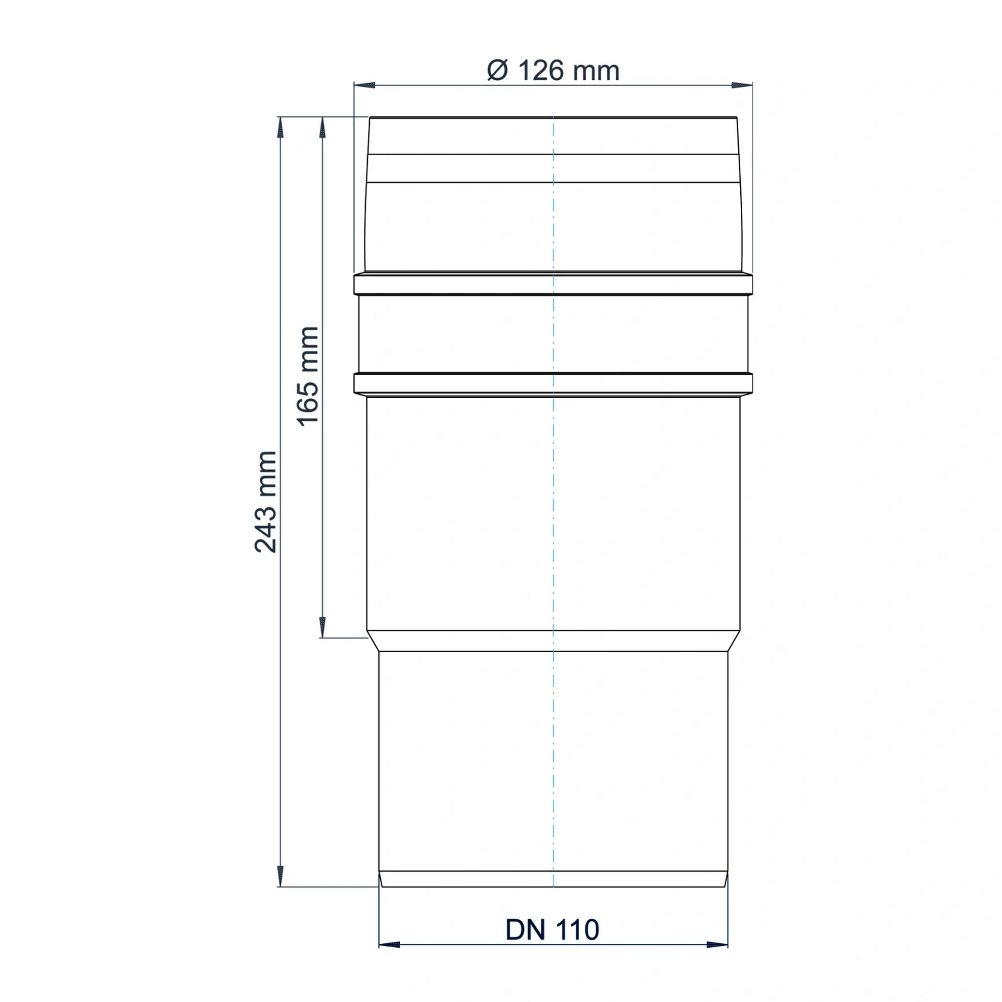 Technische Maßzeichnung einer zylindrischen Rohrverbindung, oben mit Ø126 mm gekennzeichnet, unten mit DN 110, mit Gesamthöhe 243 mm und Bauhöhe 165 mm.