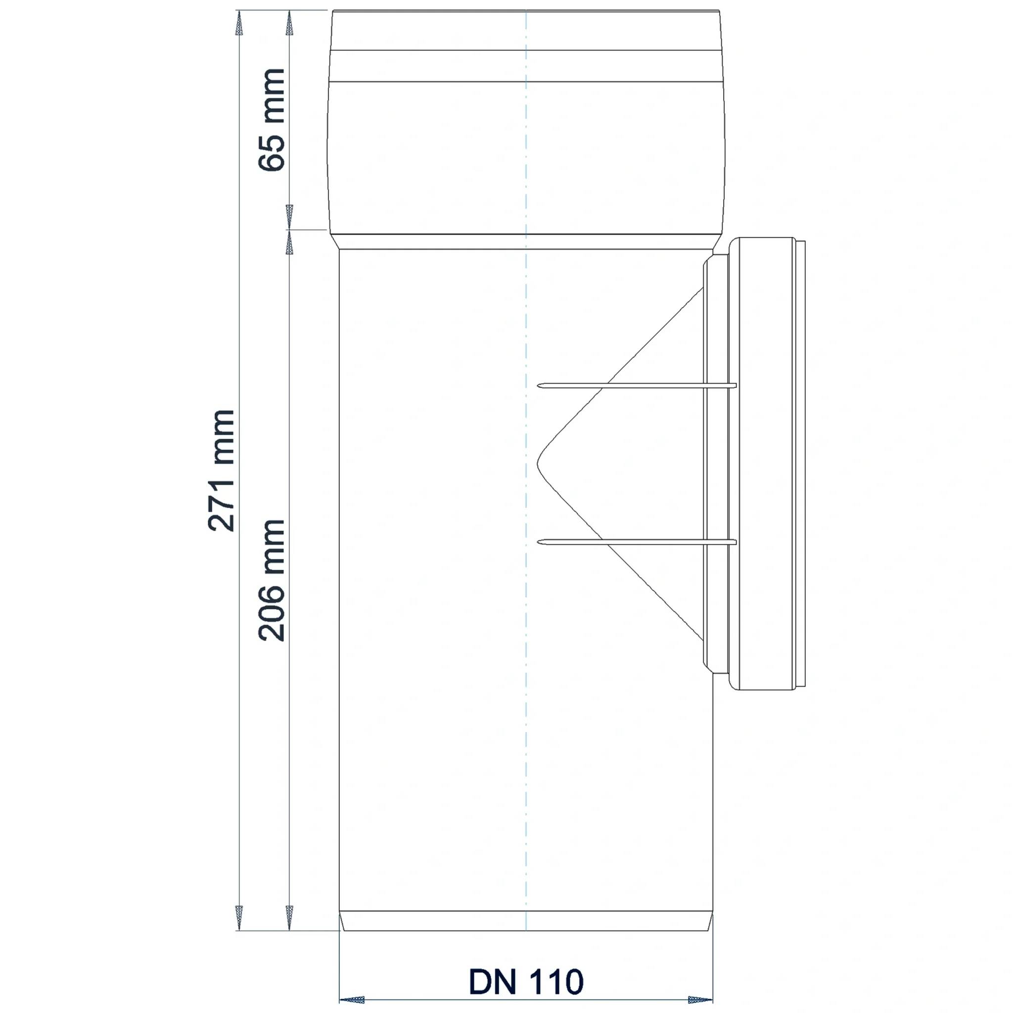 Technische Maßzeichnung einer vertikalen Rohrarmatur mit der Bezeichnung DN 110, die eine Gesamthöhe von 271 mm, eine Bauraumhöhe von 206 mm und einen oberen Abschnitt von 65 mm mit seitlicher Auslassdetail zeigt.