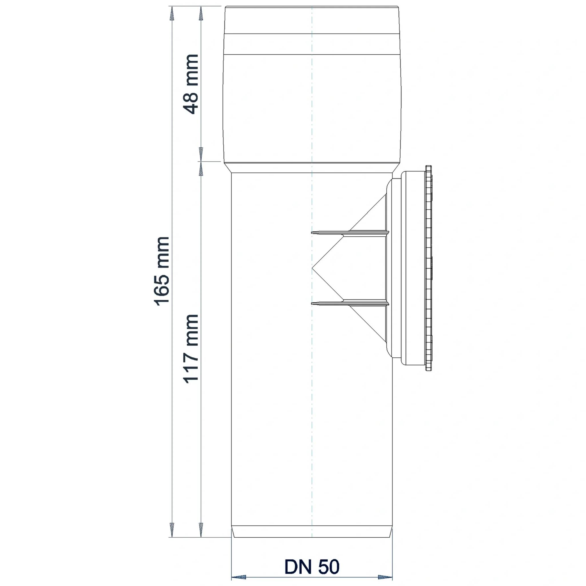 Technische Seitenansichtszeichnung einer DN-50-Rohrverschraubung aus Zylinder, mit Abmessungen von 165 mm Gesamthöhe, 117 mm Gehäusehöhe und 48 mm oberer Abschnitt, mit seitlichem Auslass.