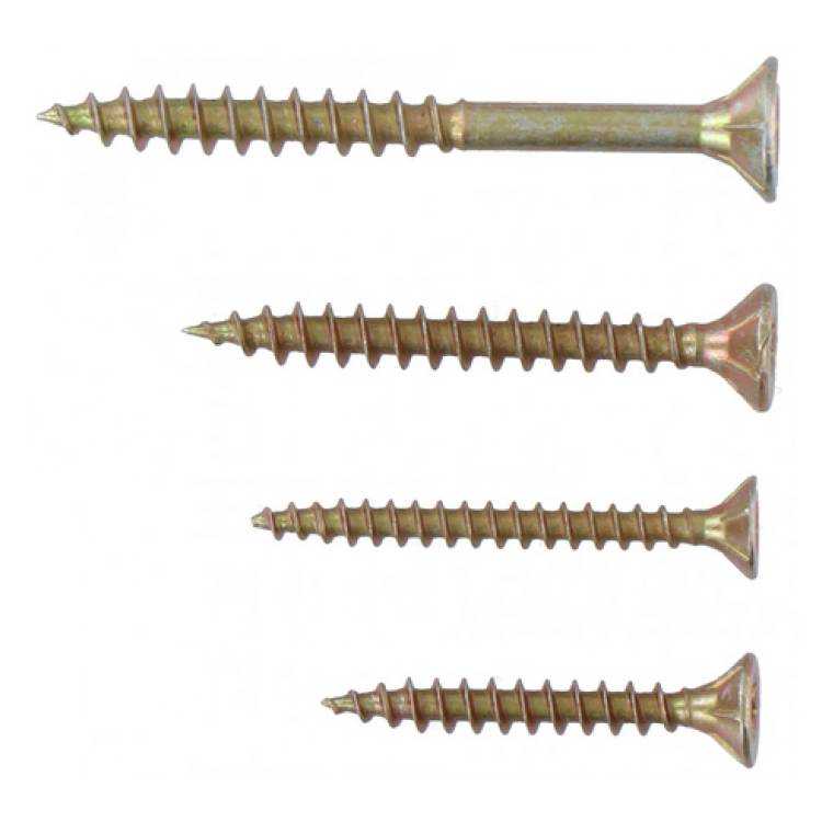 Vier unterschiedlich große Messingschrauben, horizontal ausgerichtet mit spitzen Enden und flachen, versenkten Köpfen, angeordnet vom kürzesten zum längsten.