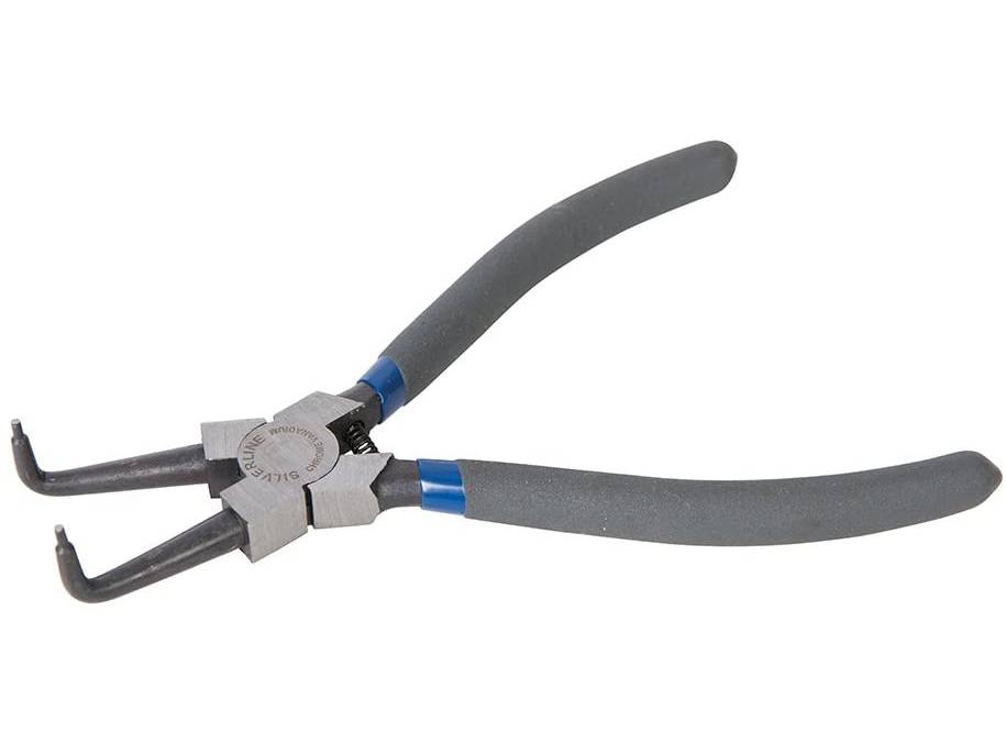 Ein Paar Zangen mit grauem Griff und Metallkopf wird gezeigt, das sich zum Greifen oder Schneiden von Objekten eignet. Die Griffe haben eine blaue Akzentuierung.