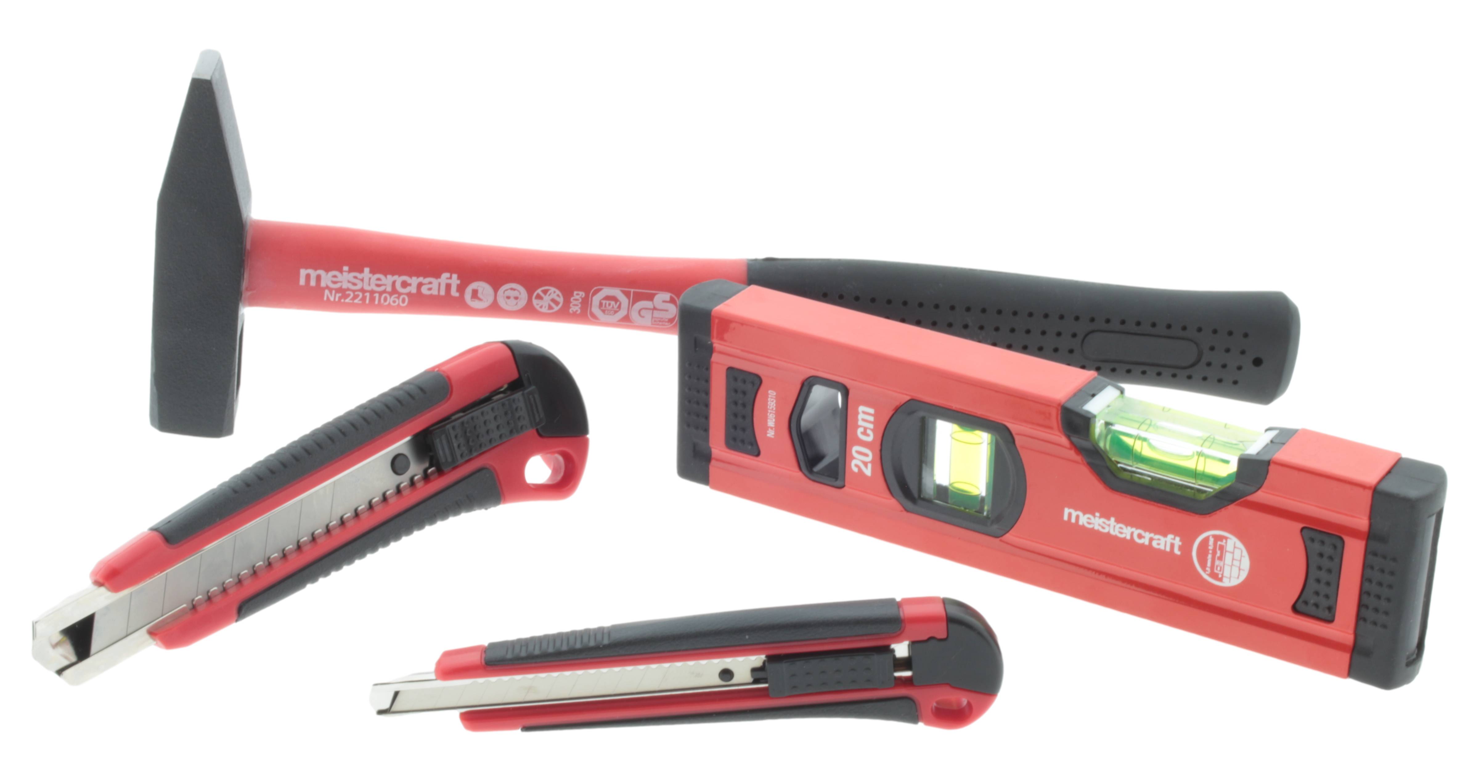 meistercraft Werkzeug Set Basic Schlosserhammer, Wasserwaage und Cuttermesser