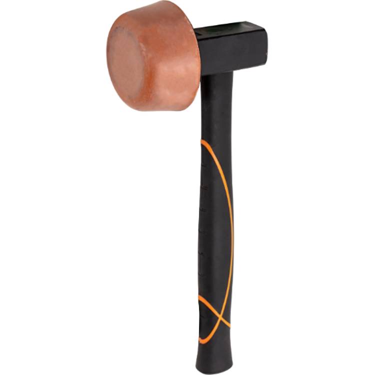 Schlägel mit schwarzem Griff und orangefarbenen Details, mit einem braunen, abgerundeten Gummikopf zum Schlagen, ohne Oberflächen zu beschädigen.