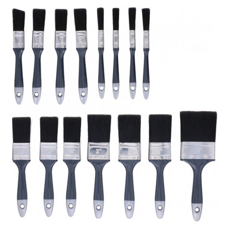 Ein Satz von 15 Pinseln in zwei Reihen, mit verschiedenen Größen von klein bis groß, mit schwarzen Borsten und transparenten Griffen.