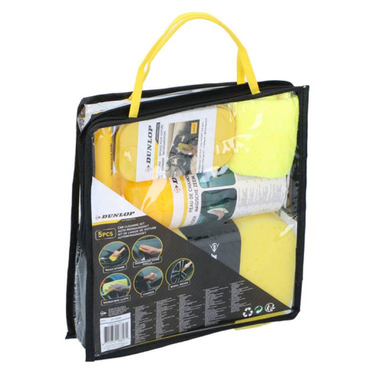 Eine durchsichtige Plastiktüte mit gelbem Griff, die fünf Dunlop-Mikrofasertücher enthält. Der Text auf der Verpackung hebt ihre Reinigungseigenschaften hervor.