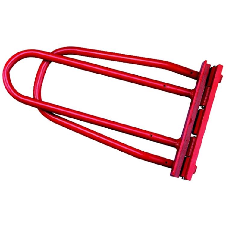 Ein roter Metallfahrradständer, der zum sicheren Halten von Fahrrädern mit einer doppelschleifen-Struktur und einer flachen Montagebasis zur Befestigung konzipiert ist.