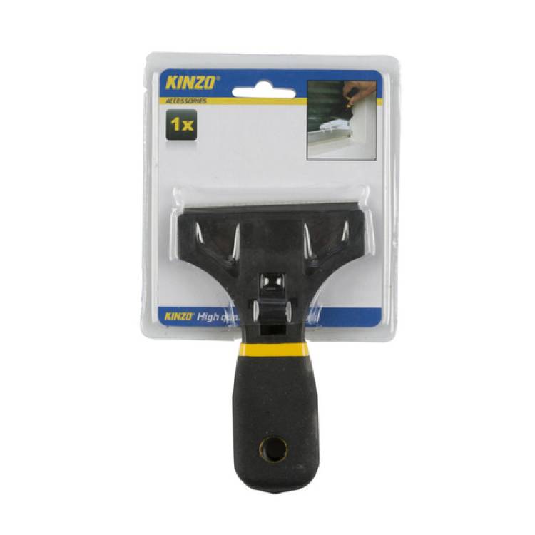 Ein schwarzer Farbschaber mit gelbem Streifen, verpackt in einer klaren Kunststoffhülle, mit der Aufschrift „Kinzo Accessories 1x