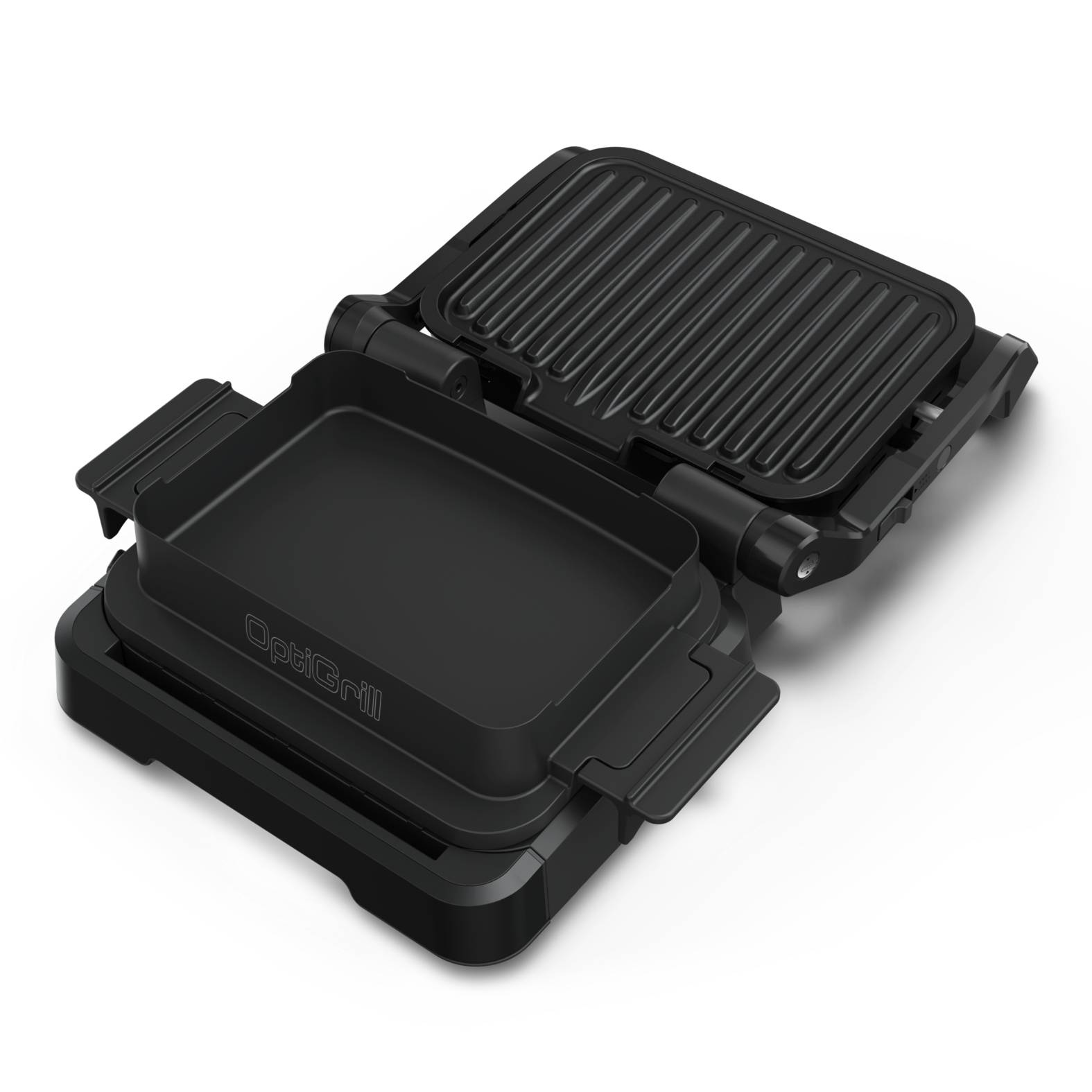 Elektrischer Kontaktgrill in Schwarz mit zwei offenen Kochflächen, eine glatt und eine geriffelt, vor weißem Hintergrund abgebildet.