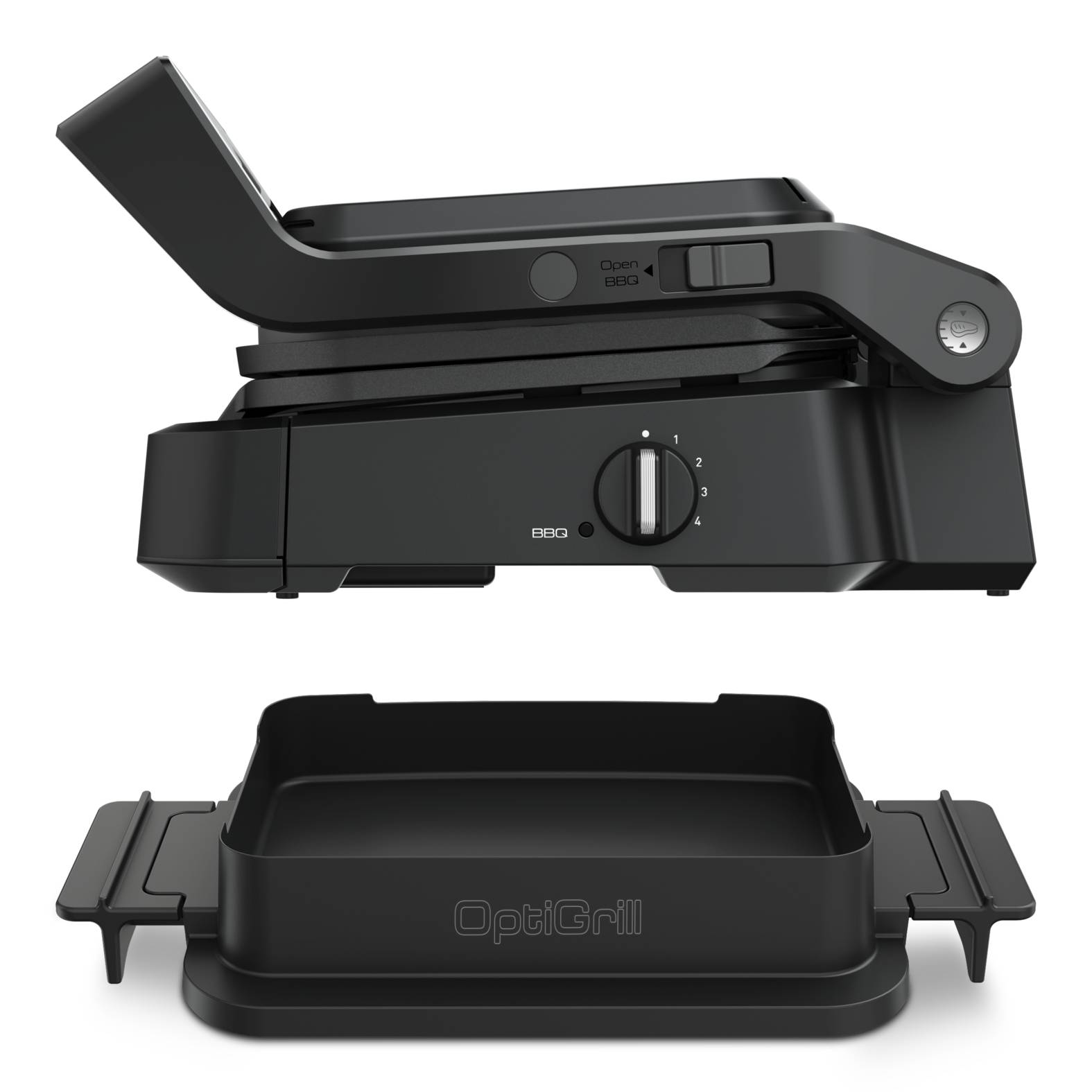 Black OptiGrill Kontaktgrill geschlossen gezeigt mit einstellbarem Wärmeregler und geöffnetem Deckel darüber mit passendem abnehmbarem Grillplattenzubehör auf weißem Hintergrund.