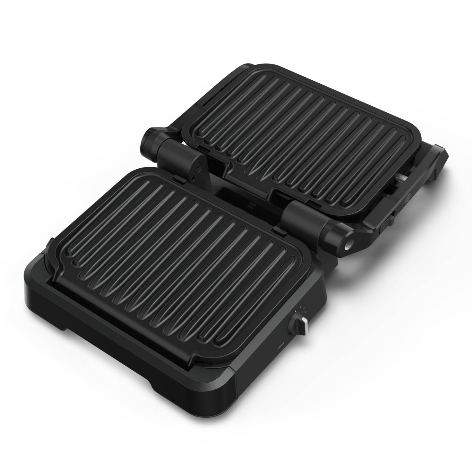 Schwarzer elektrischer Kontaktgrill mit zwei gerippten Kochplatten, offen auf weißem Hintergrund.