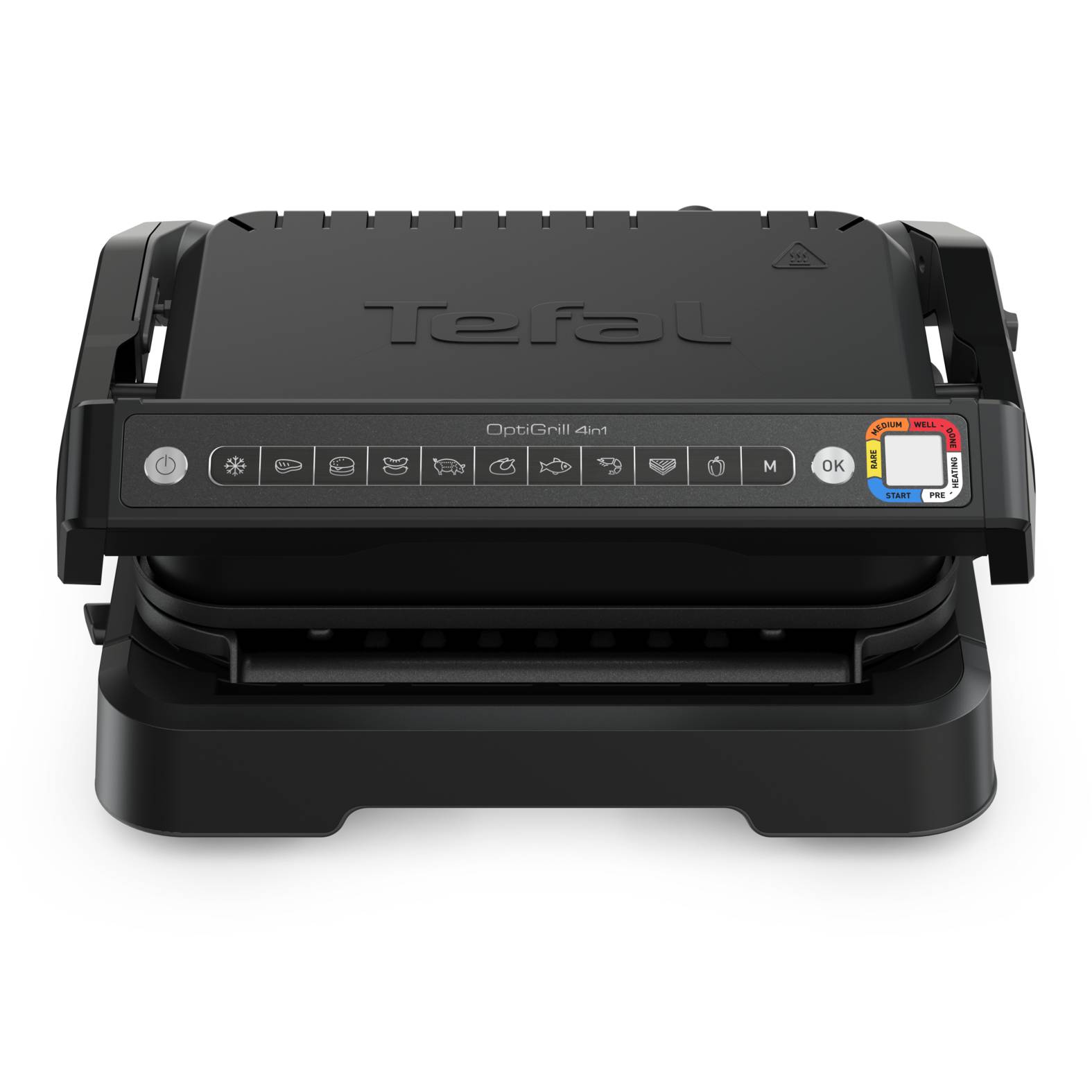 Schwarzer Tefal OptiGrill Elektrogrill für die Arbeitsplatte mit geschlossenem Deckel und Frontsteuerfeld auf weißem Hintergrund.