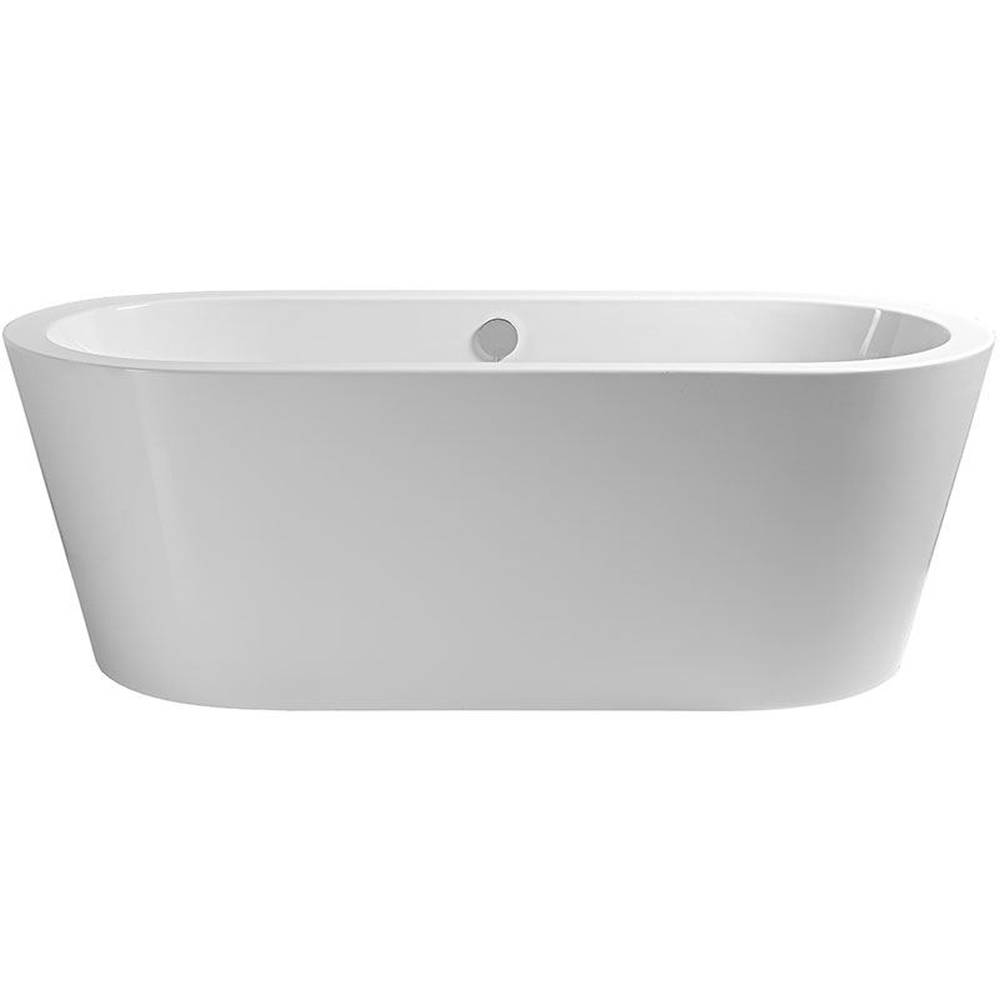 Eine freistehende weiße ovale Badewanne, die vor einem einfachen weißen Hintergrund gezeigt wird.