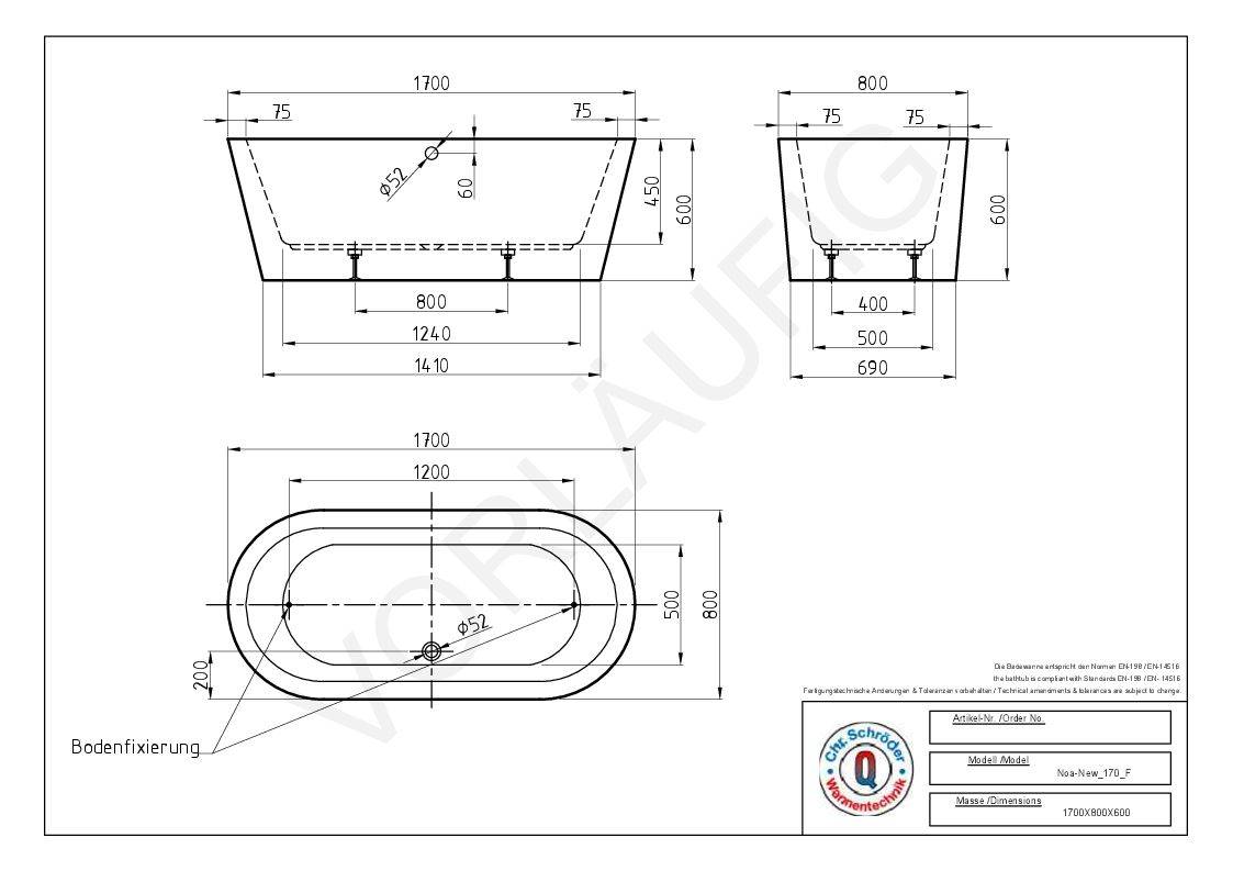Schröder Badewanne Noa New 170 F 170x80x45/60 cm weiß