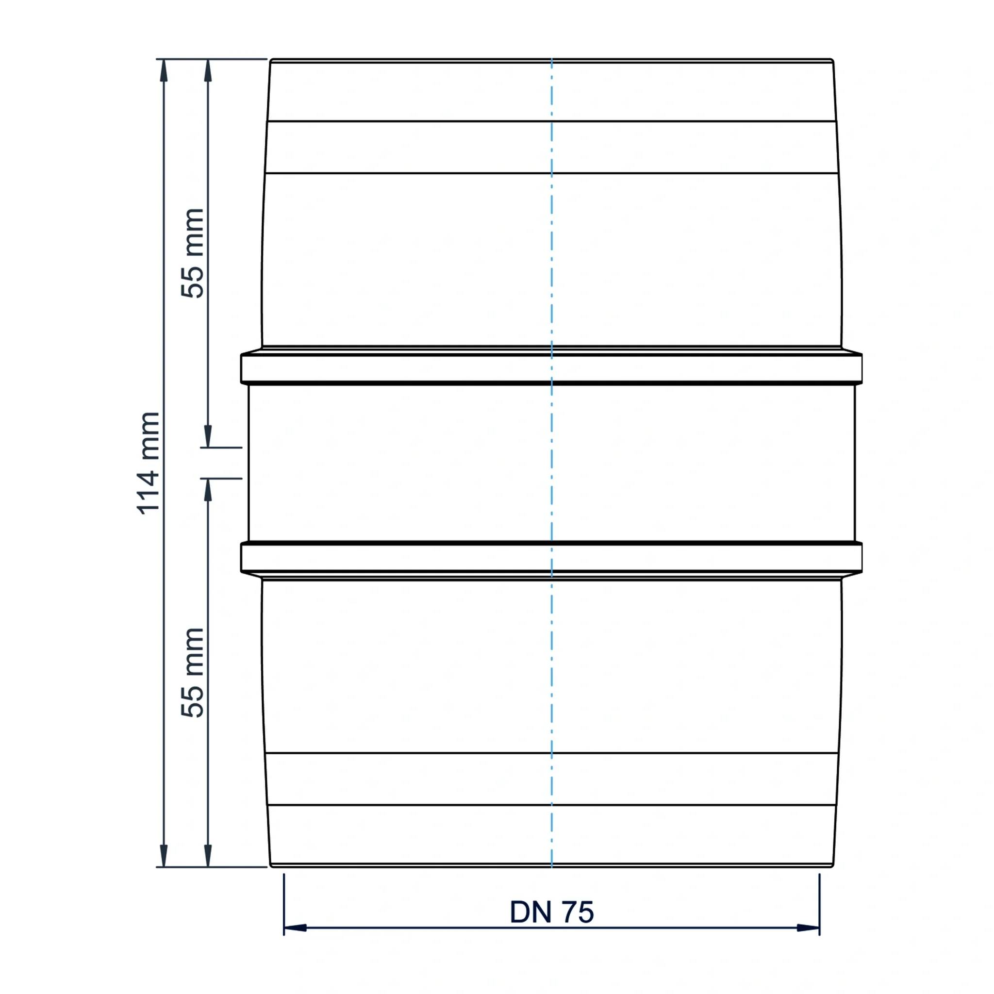 Technische Zeichnung einer zylindrischen Rohrverbindung mit Bezeichnung DN 75, Seitenansicht mit Gesamthöhe 114 mm und zwei Abschnitten à 55 mm.