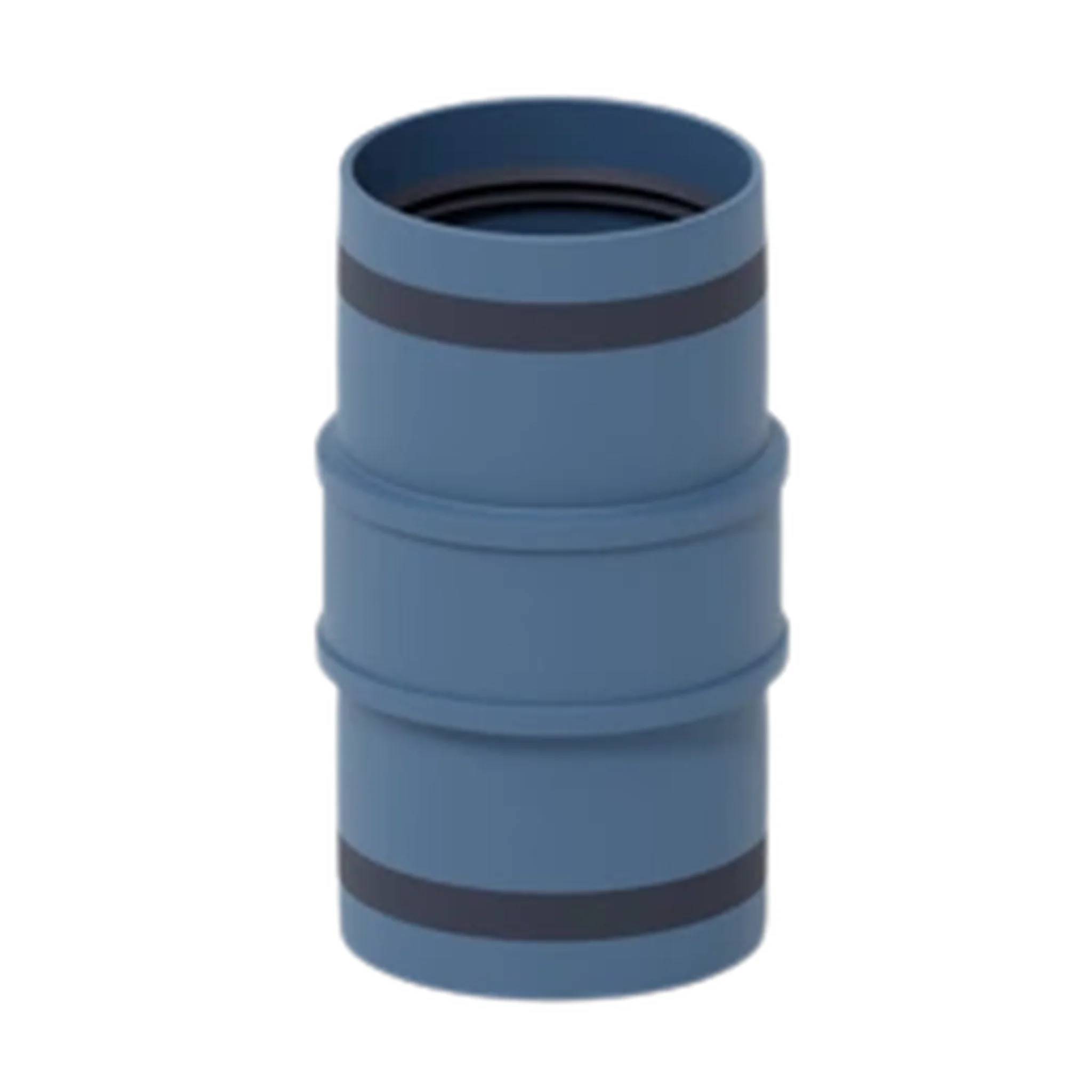 Blauer zylindrischer Rohrverbinder mit dunklen Bändern, auf weißem Hintergrund dargestellt.