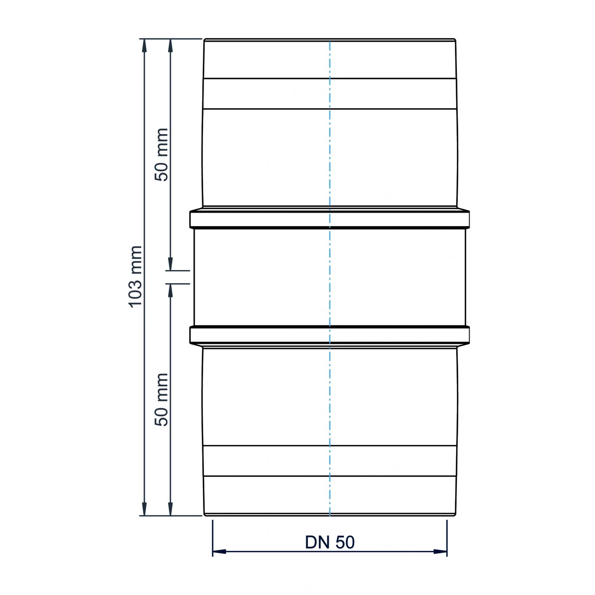 Technische Zeichnung einer zylindrischen Rohrverbindung mit Bezeichnung DN 50, die eine Gesamthöhe von 103 mm mit zwei 50-mm-Abschnitten und Mittellinie zeigt.