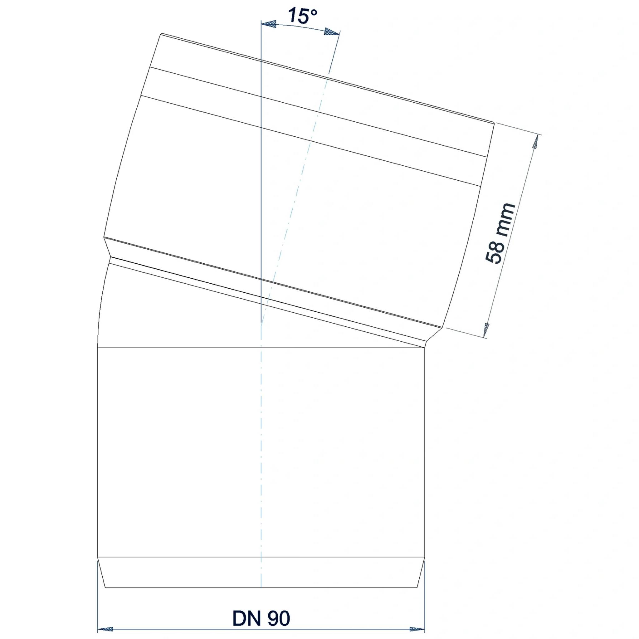 Technisches Diagramm einer abgewinkelten Rohrverbindung mit 15° Versatz, 58 mm Länge und 90 mm Durchmesser mit der Bezeichnung DN 90.