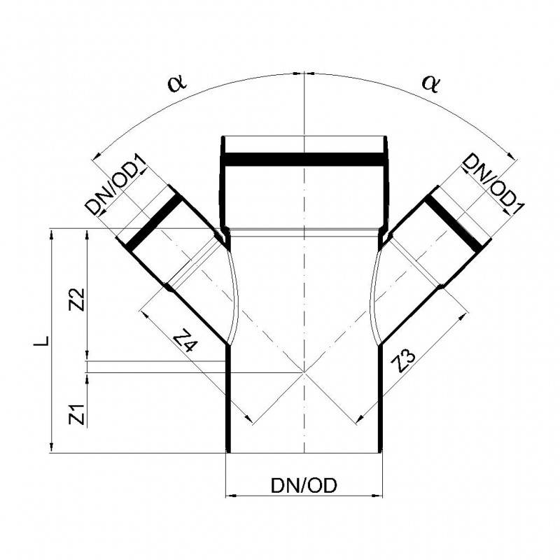 PoloPlast POLO KAL XS Doppelabzweig DN 110/50/50, 45 Grad, Horizontal