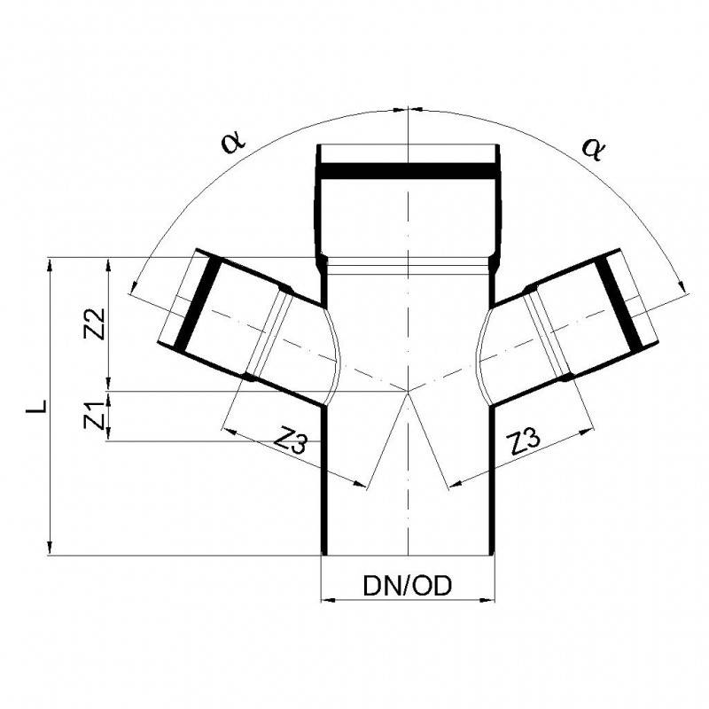 PoloPlast POLO KAL XS Doppelabzweig DN 90/50/50, 67,5 Grad, Horizontal