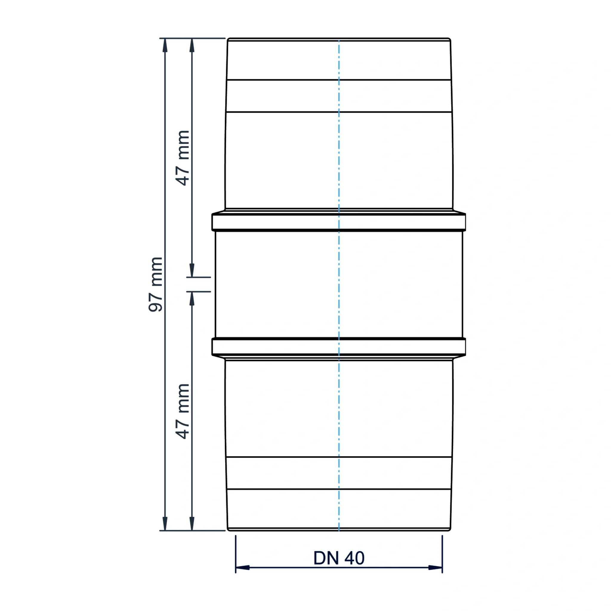 Technische Zeichnung einer zylindrischen Rohrverbindung mit Bezeichnung DN 40, zeigt Gesamthöhe 97 mm mit zwei Abschnitten à 47 mm und einer zentrierten vertikalen Achse.