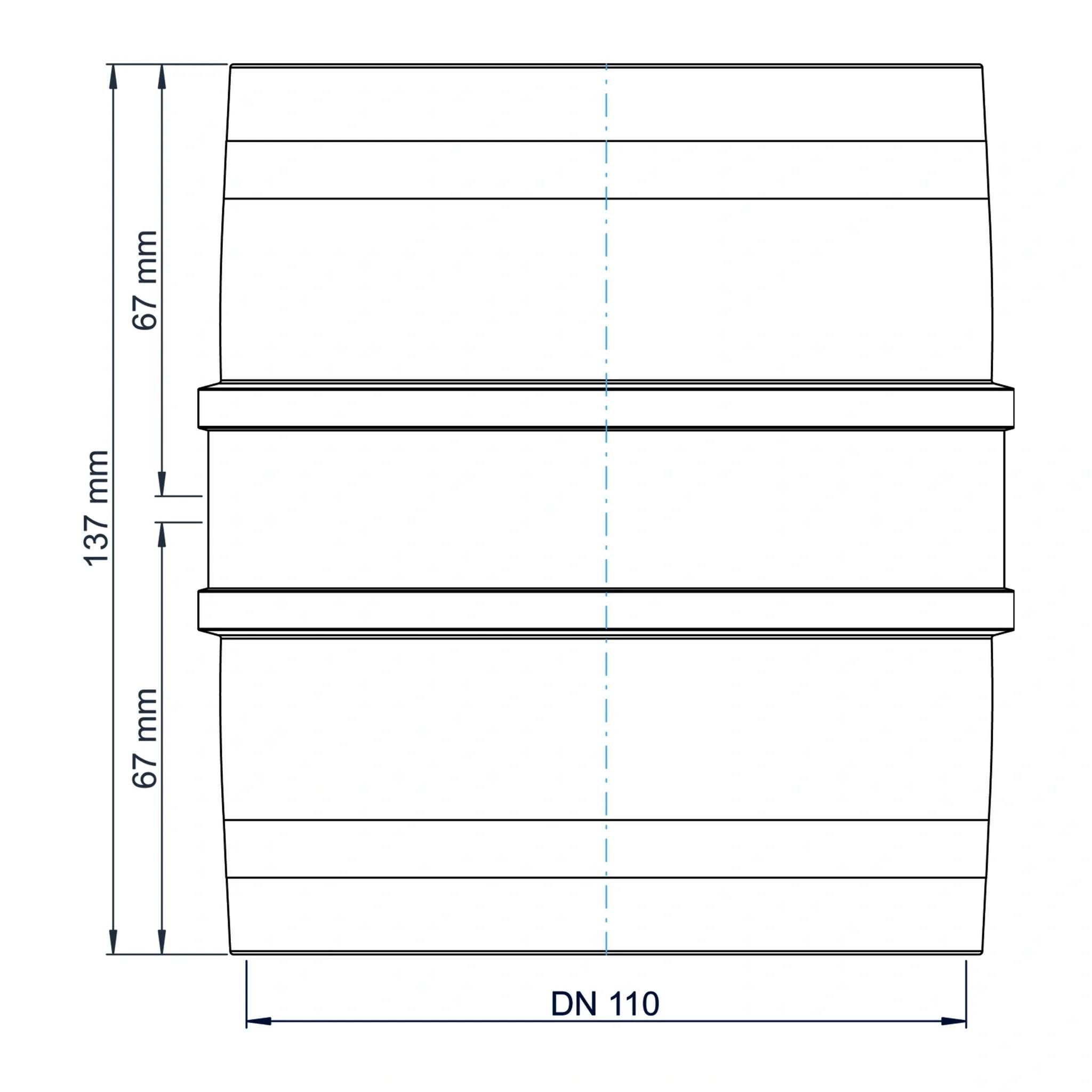 Technische Linienzeichnung eines zylindrischen Verbindungsstücks oder Rohrabschnitts mit der Bezeichnung DN 110, einer Gesamthöhe von 137 mm und zwei Segmenten von je 67 mm.