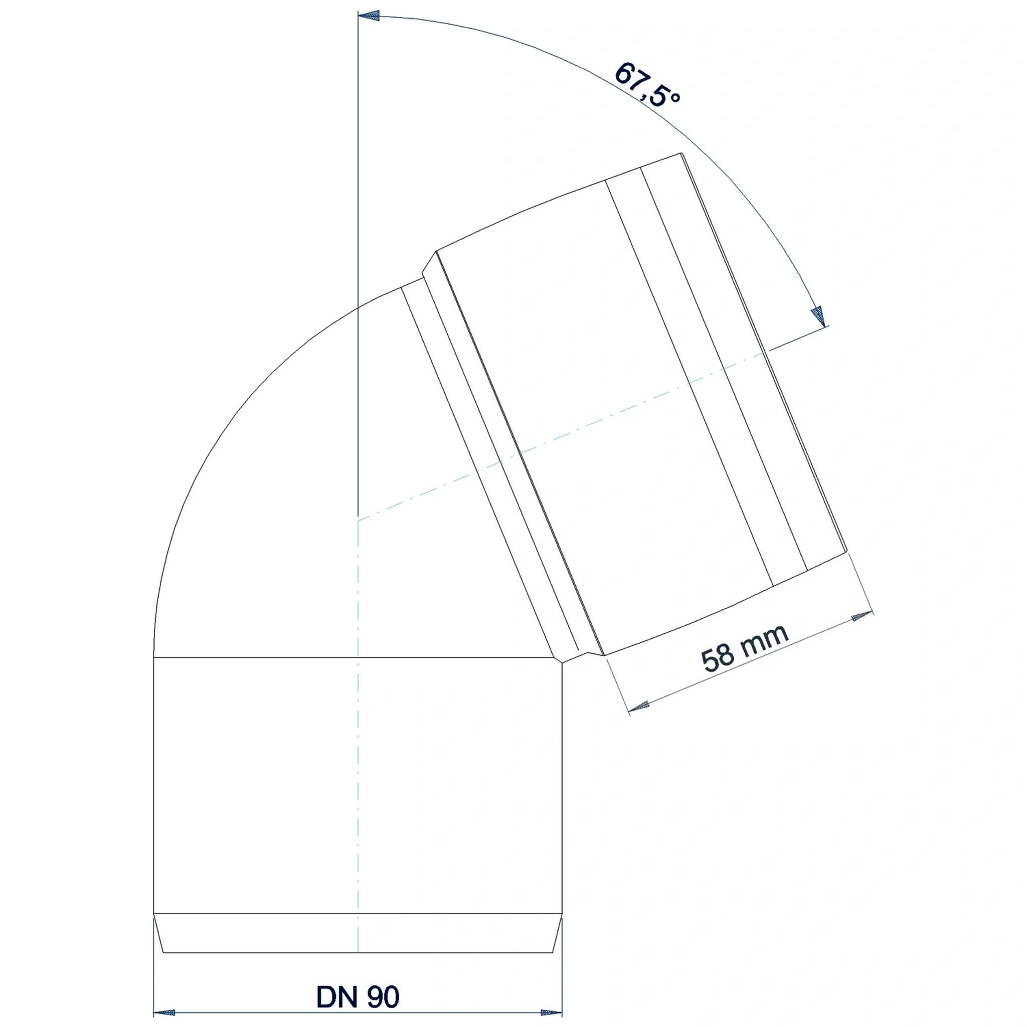 Technisches Schaubild eines Rohrkrümmers mit einer 67,5° Biegung, 58 mm Länge und DN 90 Durchmesser.