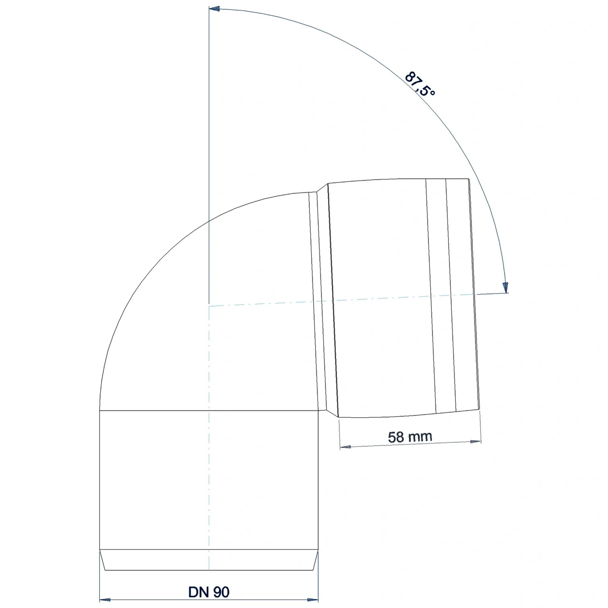 Technisches Diagramm eines 87,5°-Rohrkrümmers mit einem Ende gekennzeichnet als DN 90 und dem anderen 58 mm, showing Krümmungs- und Verbindungsmaße.