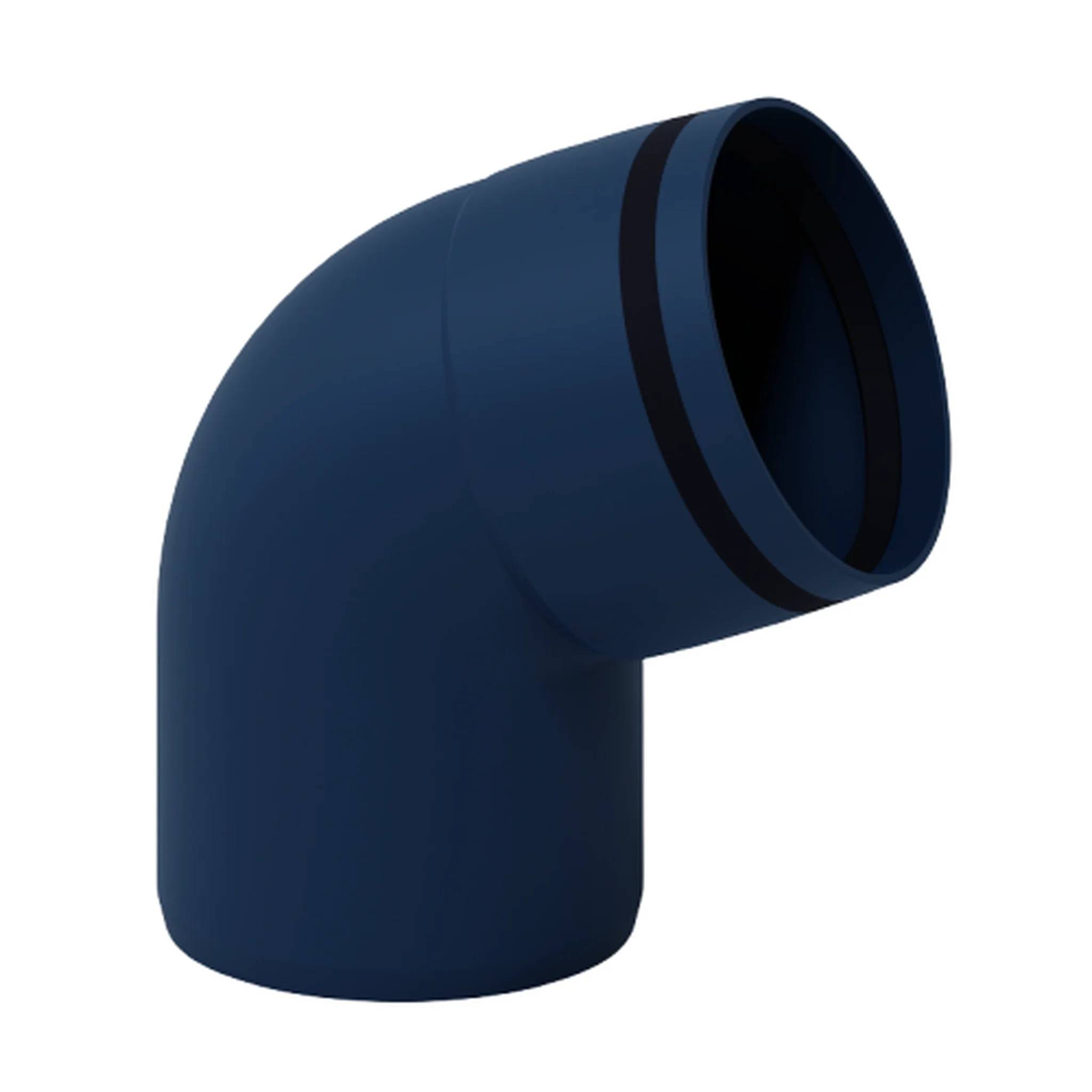 Dunkelblue 90-Grad-Rohrbogen-Fitting auf weißem Hintergrund.