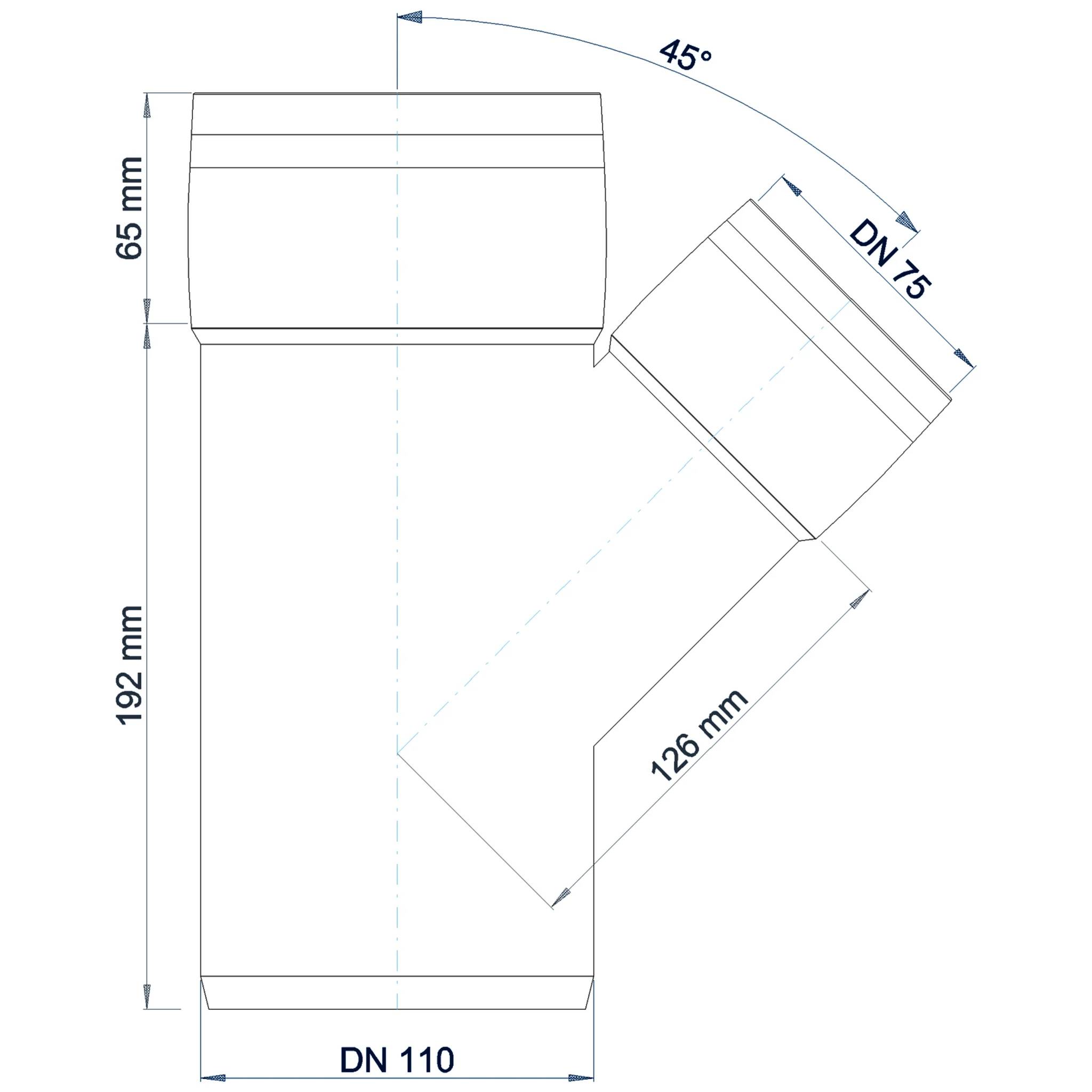 Technische Zeichnung einer DN 110-Rohrarmatur mit einem 45°-geneigtem Abzweig mit der Bezeichnung DN 75; Hauptkörperabmessungen 192 mm Höhe und 65 mm Oberseitenbereich, Abzweiglänge 126 mm.