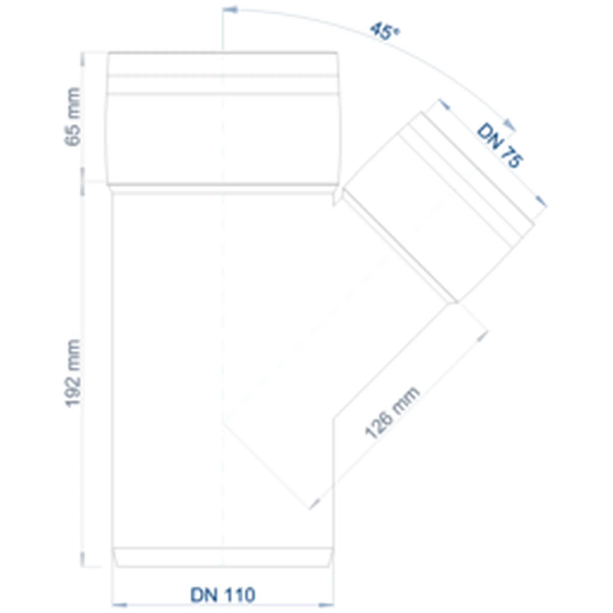 Technisches Diagramm einer 45°-Y-Rohrfitting mit einem DN 110 Hauptvertikalzweig, DN 75 Winkelzweig und beschrifteten Abmessungen von 65 mm, 182 mm und 128 mm.