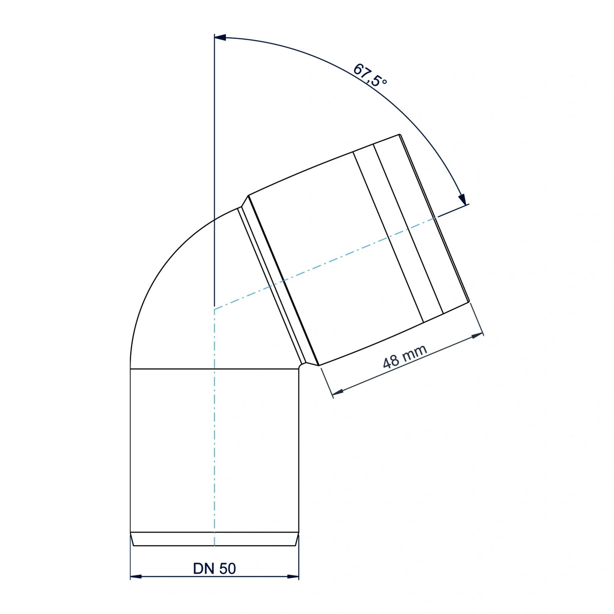 Technische Zeichnung einer Rohrbogenfitting mit der Bezeichnung DN 50, mit einer 67,5° Biegung und einer Abschnittslänge von 48 mm.