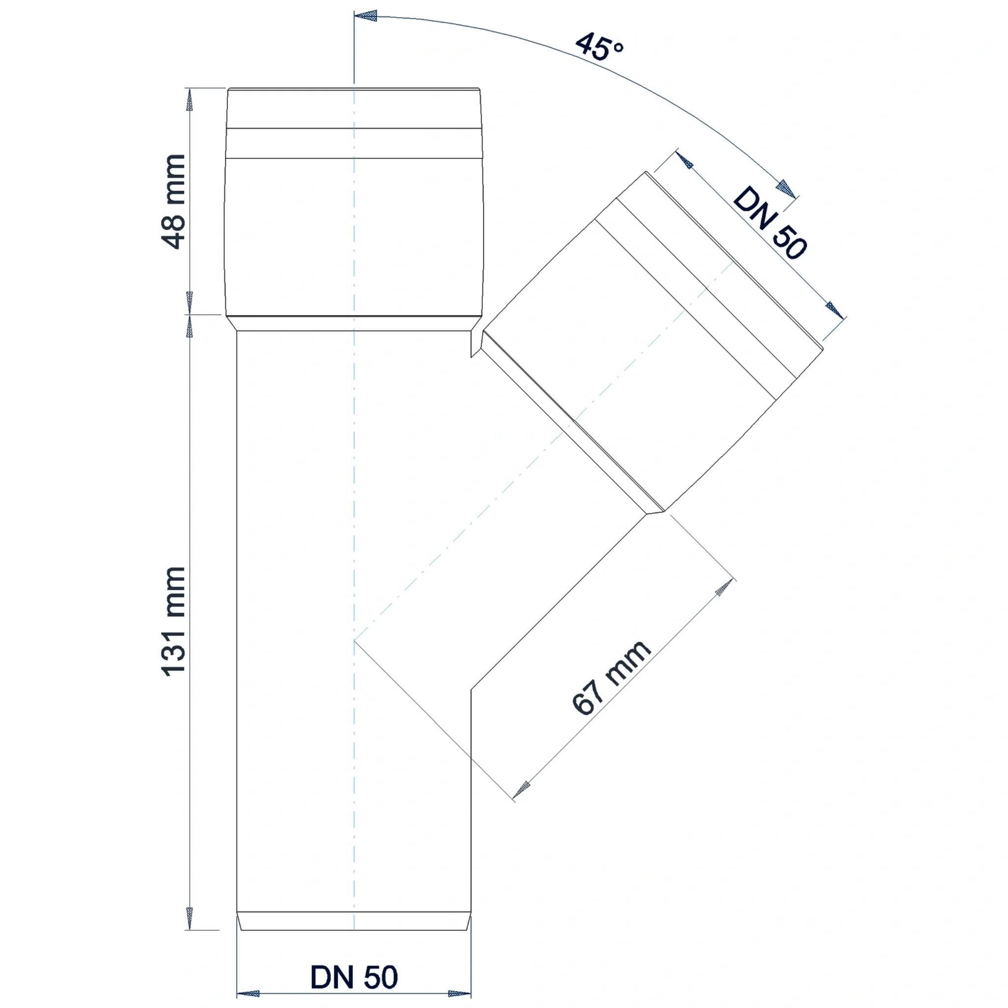 Technisches Diagramm einer DN 50-Rohrverschraubung mit einem 45° abgewinkelten Abzweig, das die Abmessungen 48 mm, 131 mm und 67 mm zeigt.