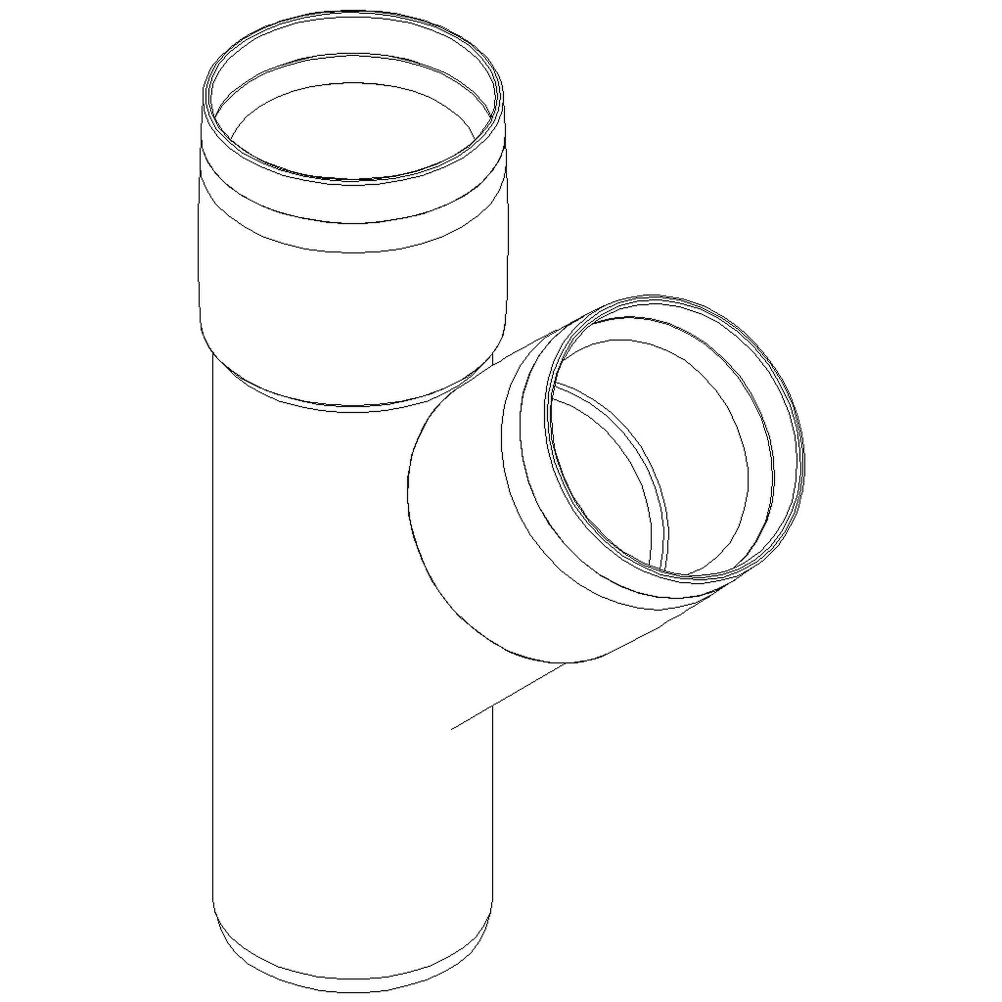 Technische Zeichnung einer PVC-Rohrarmatur in T-Form mit einem vertikalen Abzweig und einem schrägen Seitenstutzen, dargestellt als Umrisszeichnung.