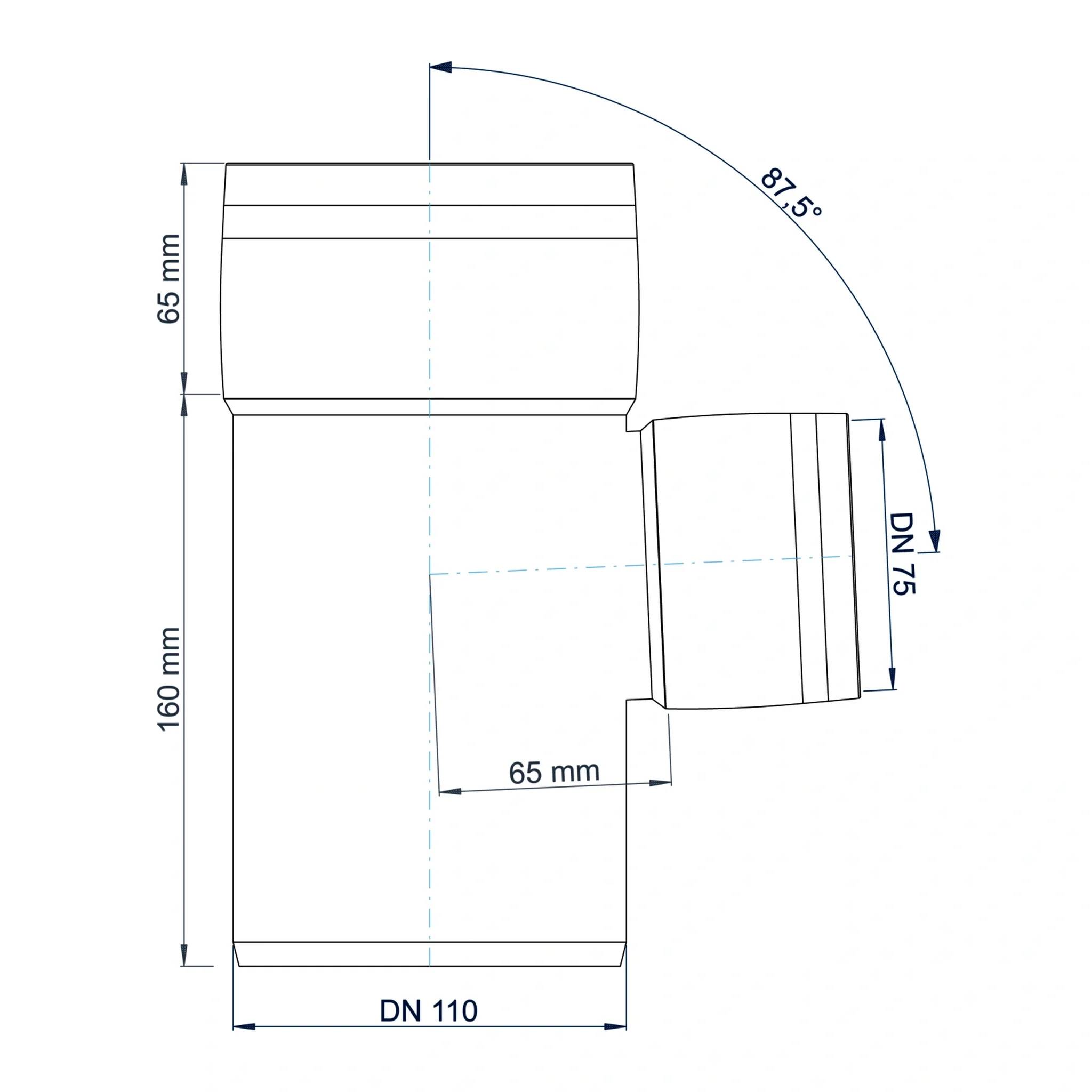 Technisches Diagramm einer Rohrformstück-T-Verbindung mit Abmessungen: DN 110 Hauptkörper, DN 75 Seitenzweig, 65 mm und 160 mm Längen und 87,5° Winkel.