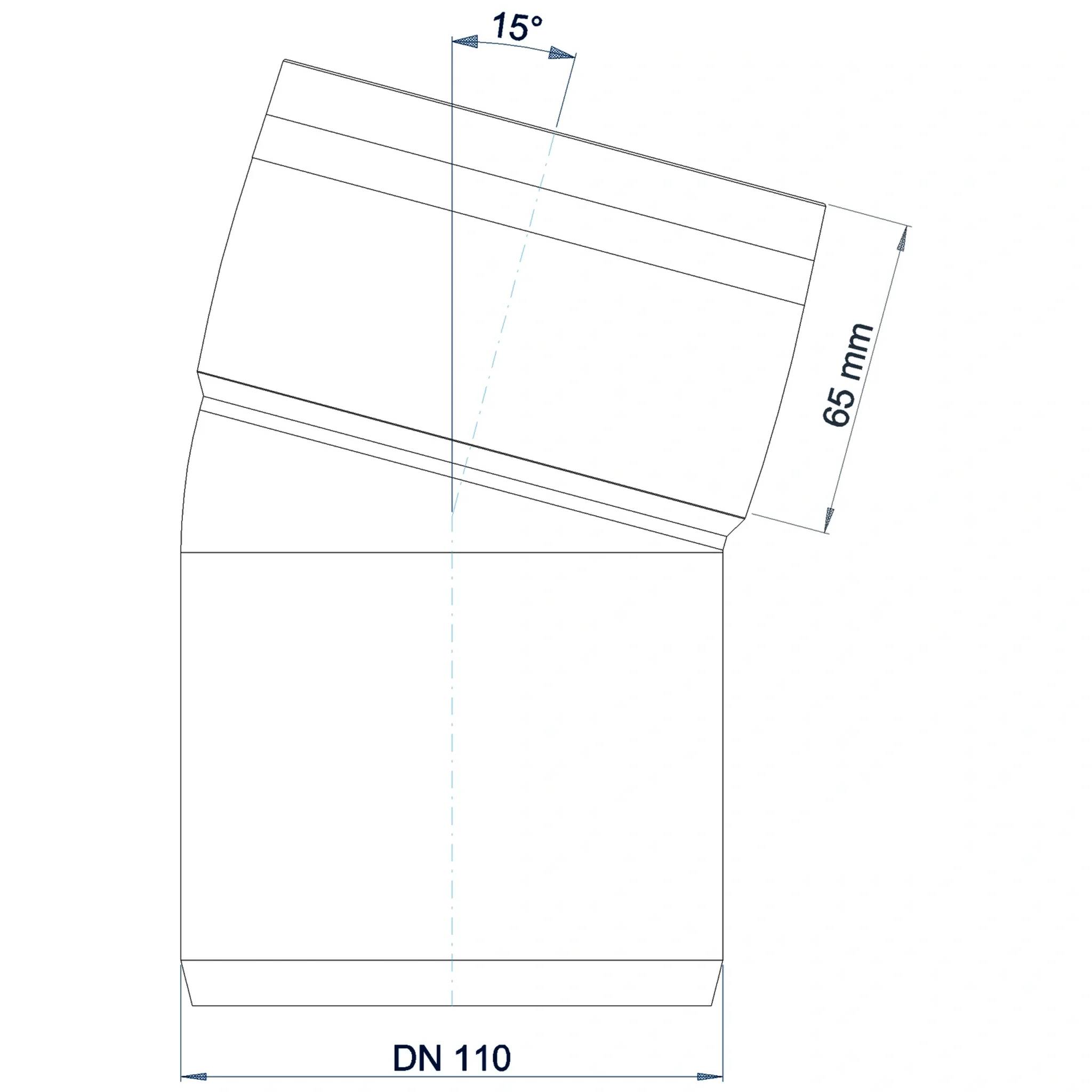 Technisches Diagramm einer abgewinkelten Rohrverbindung mit 15° Versatz, 65 mm Segmentlänge und DN 110 Durchmesser.