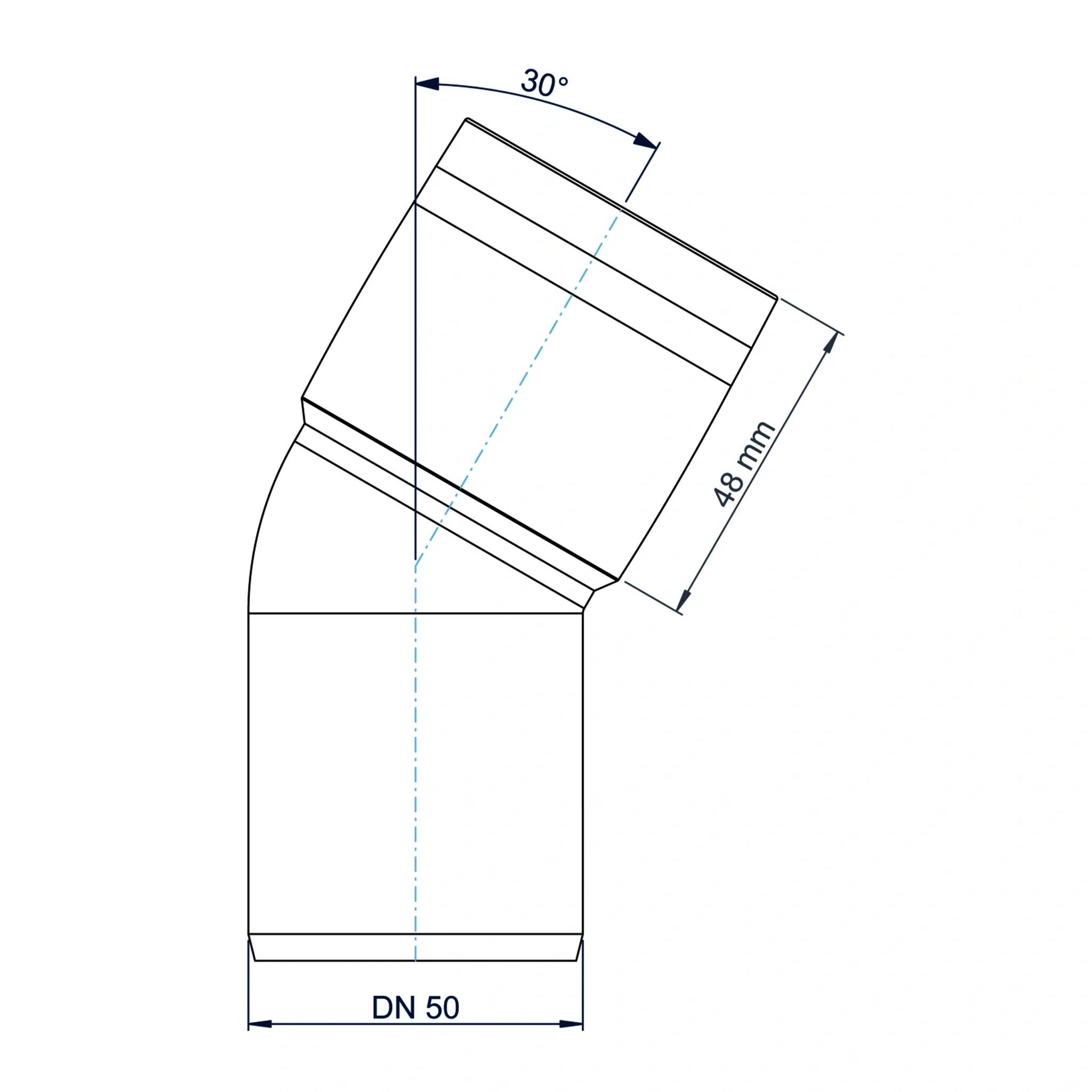 Technische Zeichnung einer um 30° geneigten Rohrkrümmung mit Bezeichnung DN 50, mit einer Segmentlänge von 48 mm und einer gestrichelten Mittellinie.
