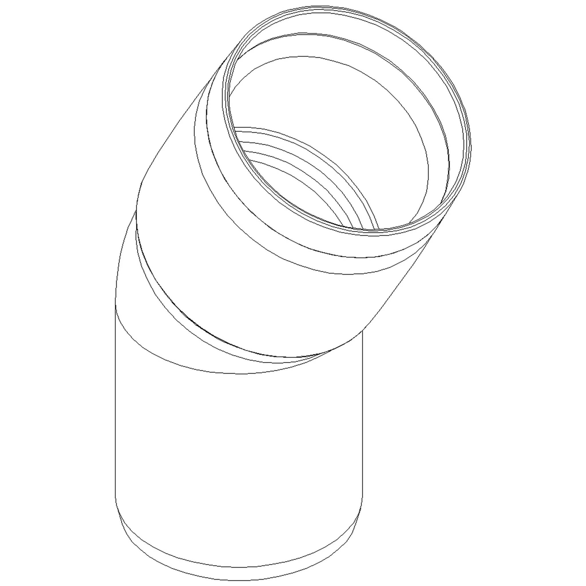 Linienzeichnung einer schrägen zylindrischen Rohrbogenfassung mit Gewinde-/offenen Enden, dargestellt im einfachen technischen Illustrationsstil.
