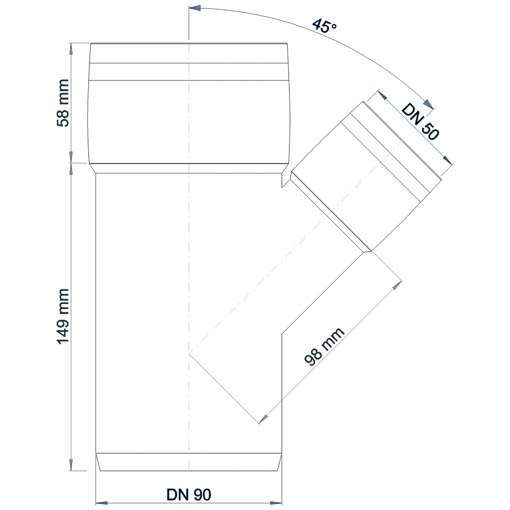 Technisches Schaubild einer PVC-Rohrverbindung: ein Y-Zweig-Reduzierring mit 45°-Winkel, beschriftet mit DN 90 Hauptrohr und DN 50 Abzweigung, mit den Abmessungen 58 mm, 149 mm und 98 mm.