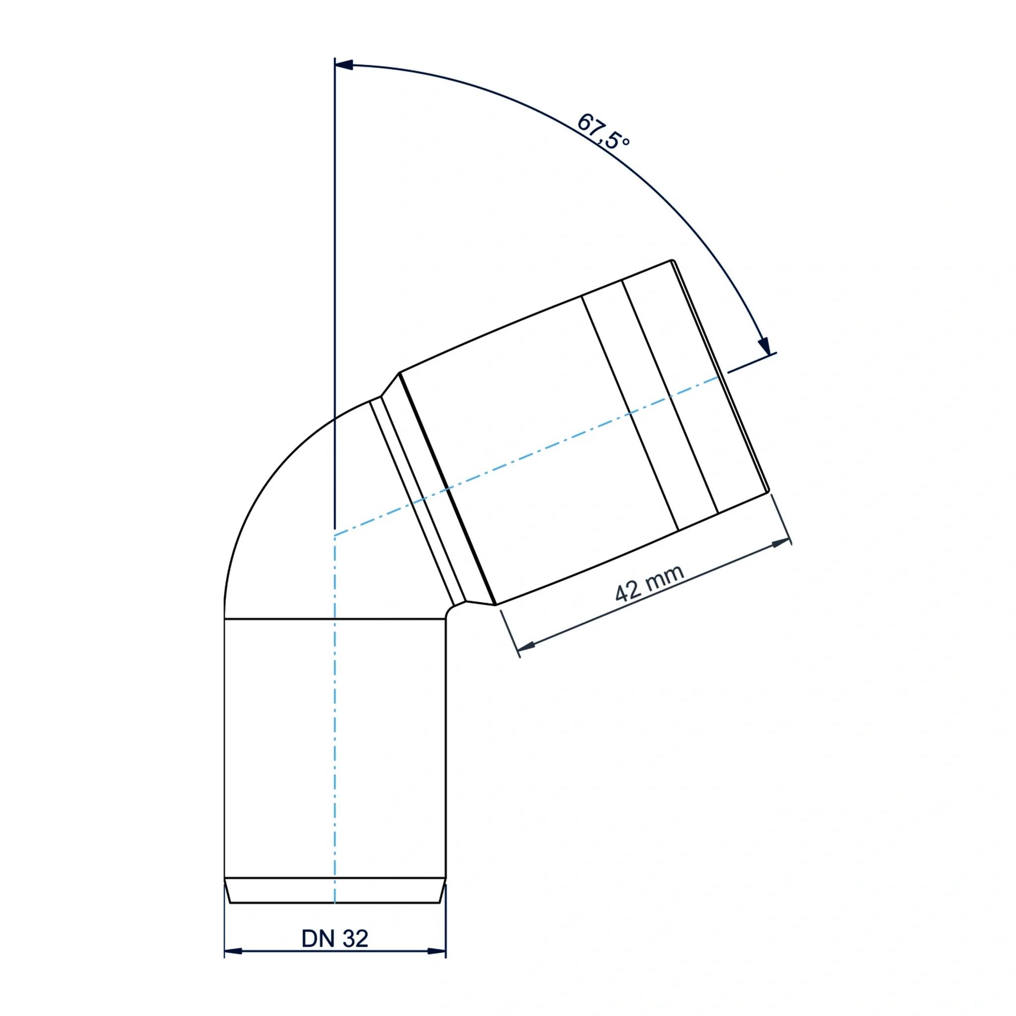 Technische Zeichnung eines 42-mm-Rohrkrümmers für DN 32, mit einem Biegewinkel von 67,5° und Maßlinien.