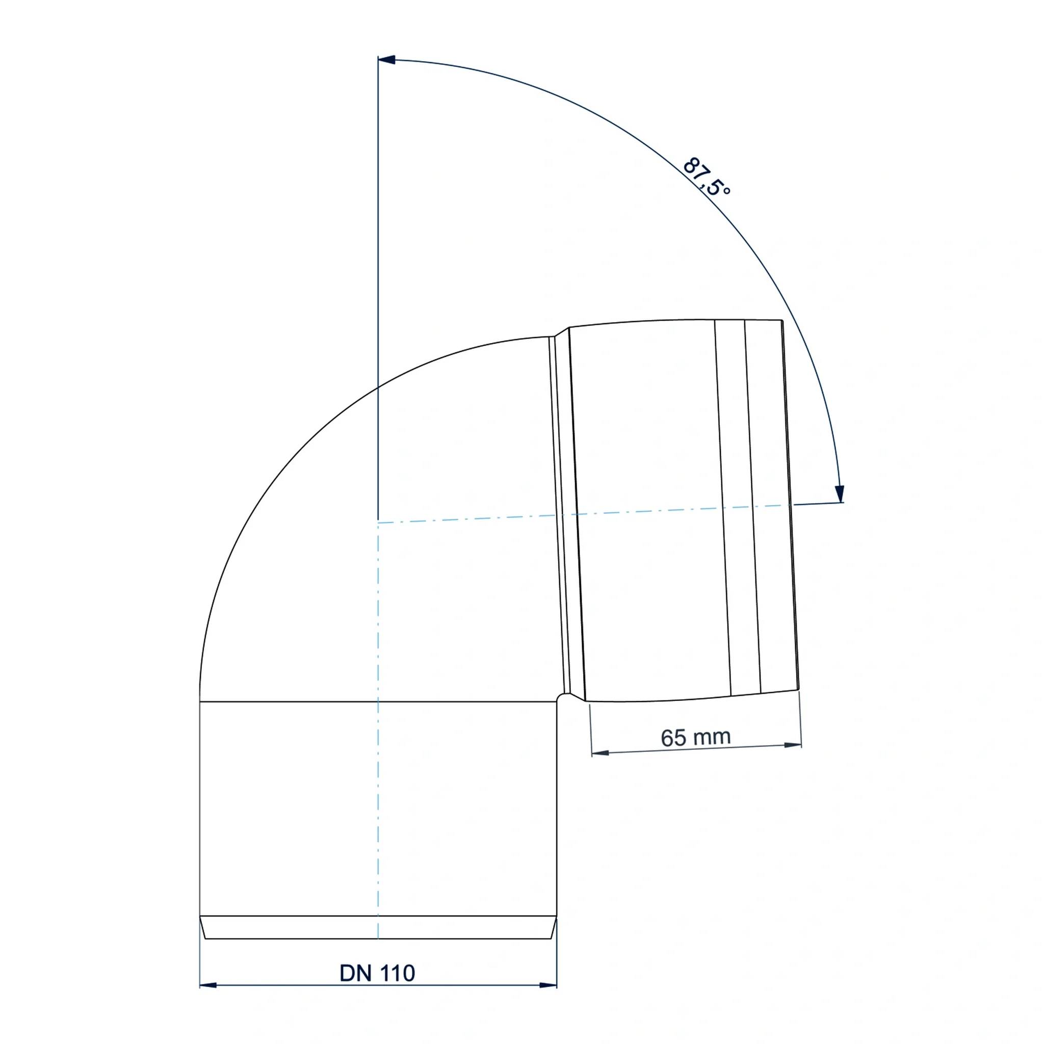 Technische Zeichnung einer 87,5°-Rohrbogen-Fitting, zeigt DN 110 Durchmesser und 65 mm Längenabmessungen.